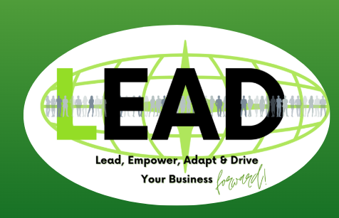 Logo with a green background, featuring the words "LEAD" inside a globe outline, with the tagline "Lead, Empower, Adapt & Drive Your Business forward!"