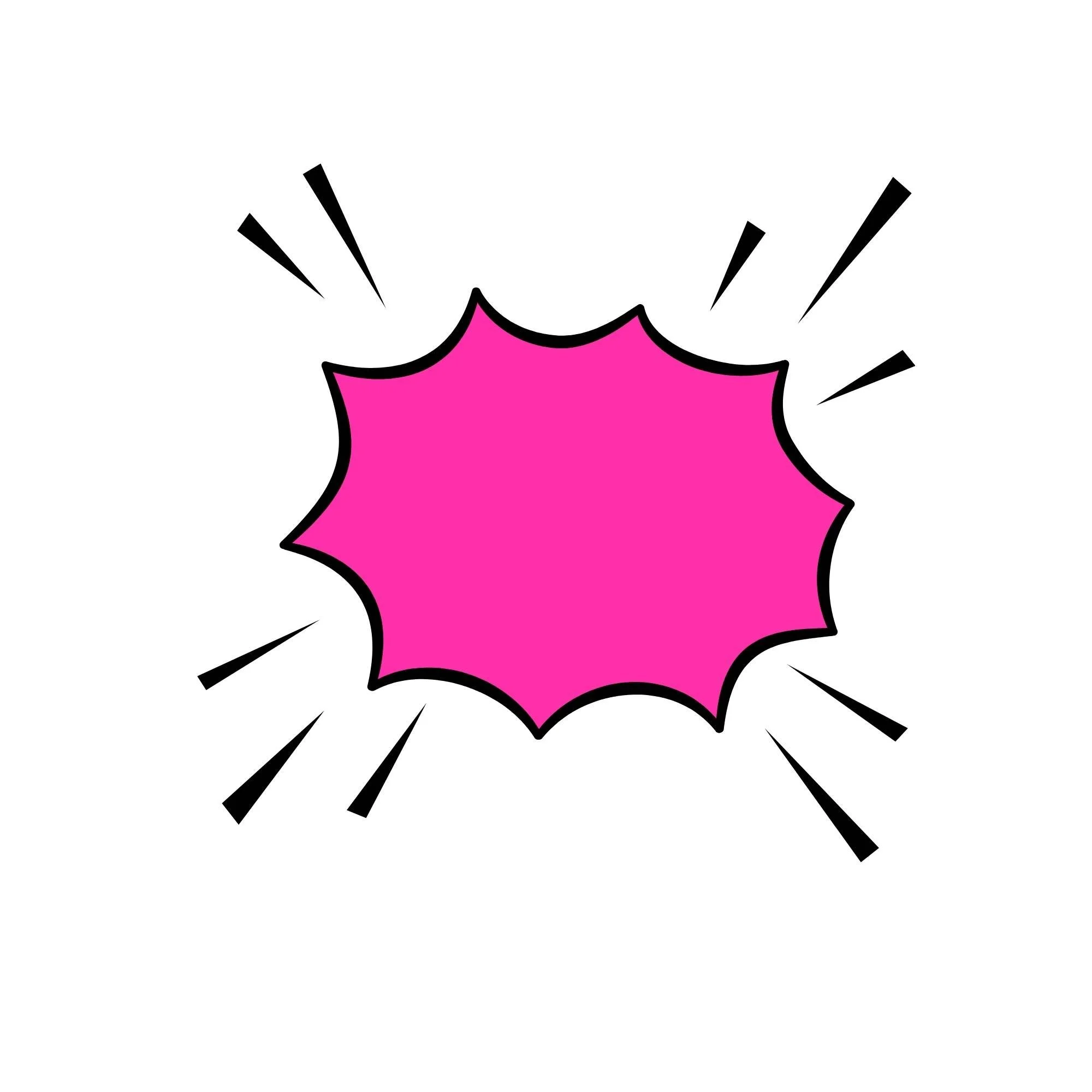 Pink comic-style explosion with black outline and black lines radiating outward on a white background.