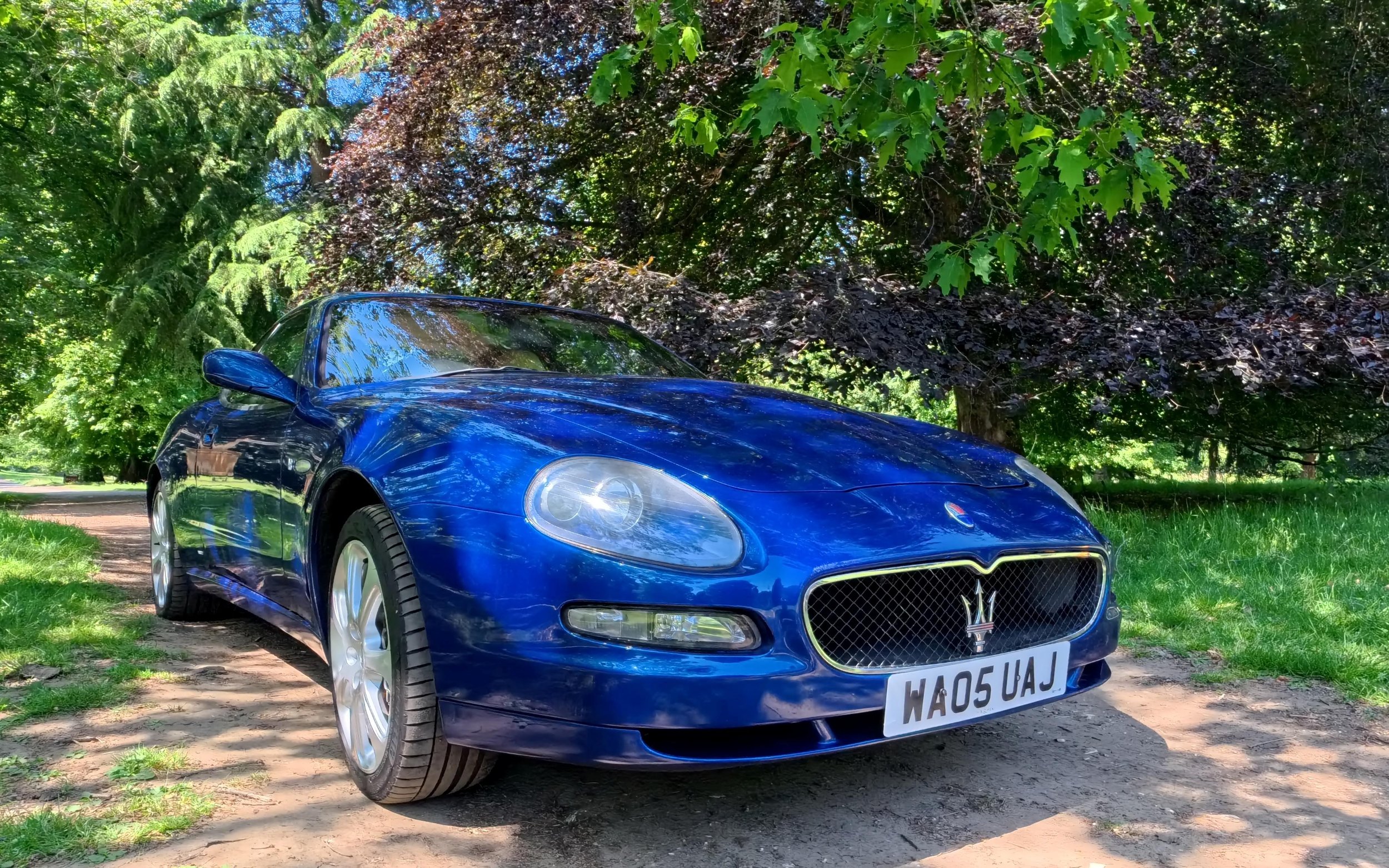 A blue Maserati sports car parked on a dirt path beneath green leafy trees.