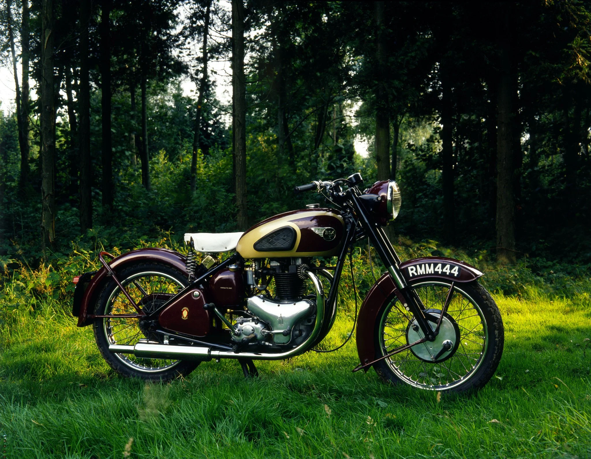 Vintage maroon motorcycle with cream seat parked on grass in a wooded area.