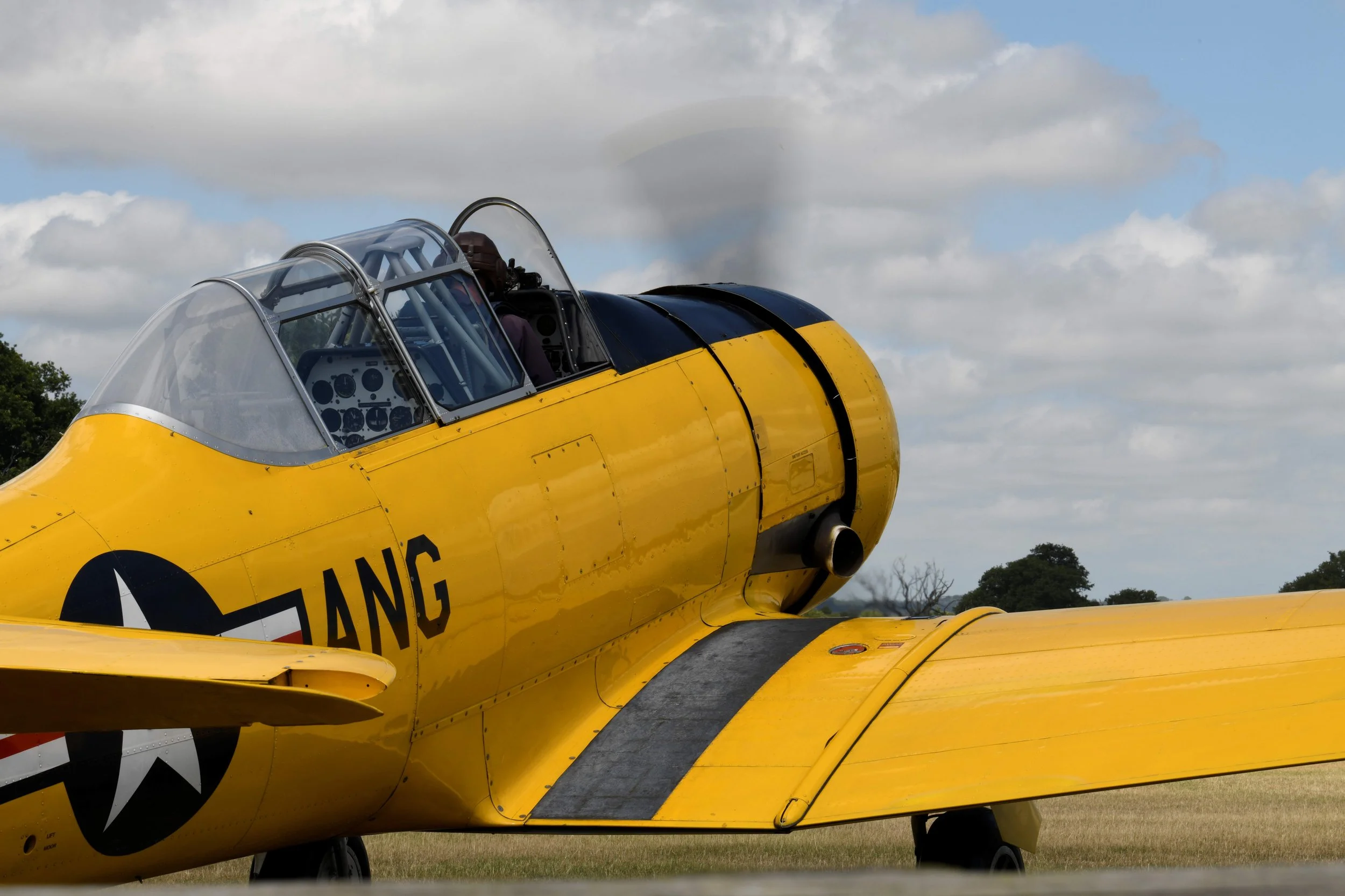 Close-up of a vintage yellow aircraft with a glass cockpit, showing part of the nose and wing against a background of cloudy sky and distant trees.