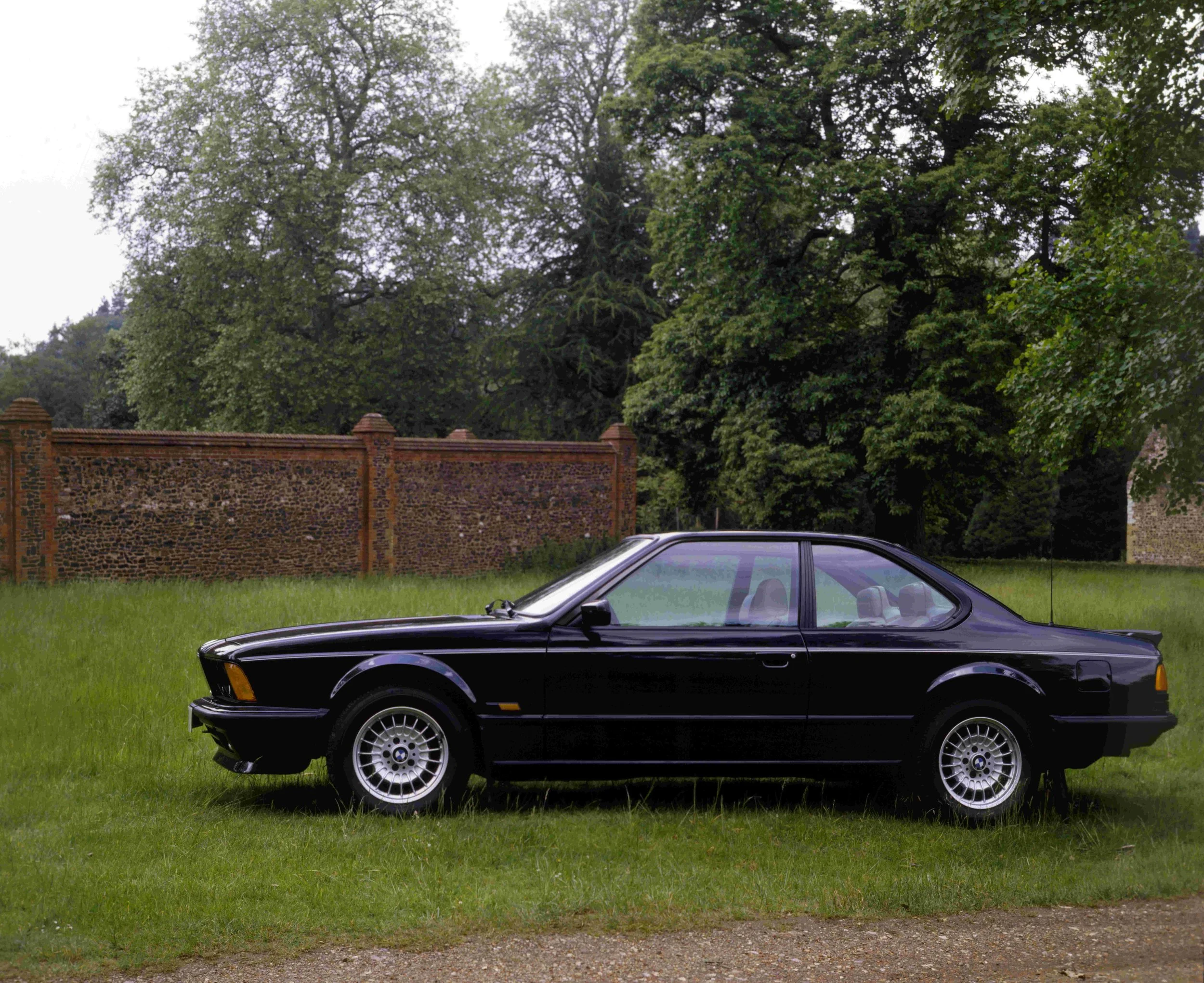Black vintage BMW parked on a grassy area in front of a brick wall and tall green trees.