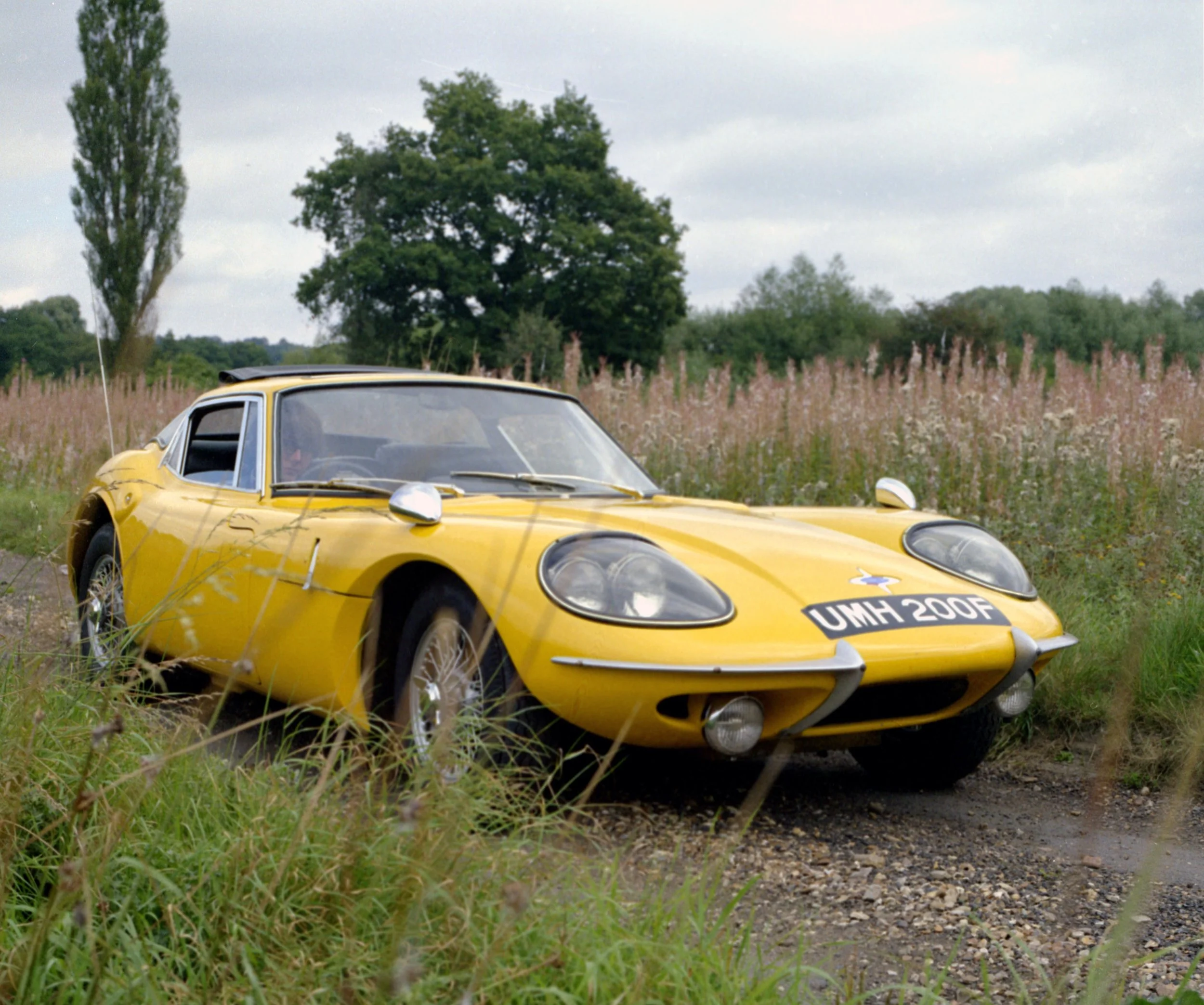 A yellow vintage sports car with the license plate reading "UMH 200F" parked on a grassy, rural area with tall grasses and green trees in the background under overcast skies.