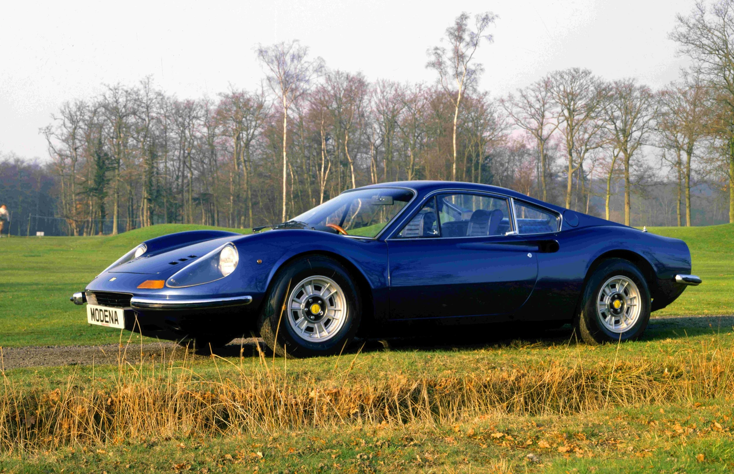 A vintage blue sports car with a license plate reading 'MODENA' parked on grass with a backdrop of leafless trees and a cloudy sky.