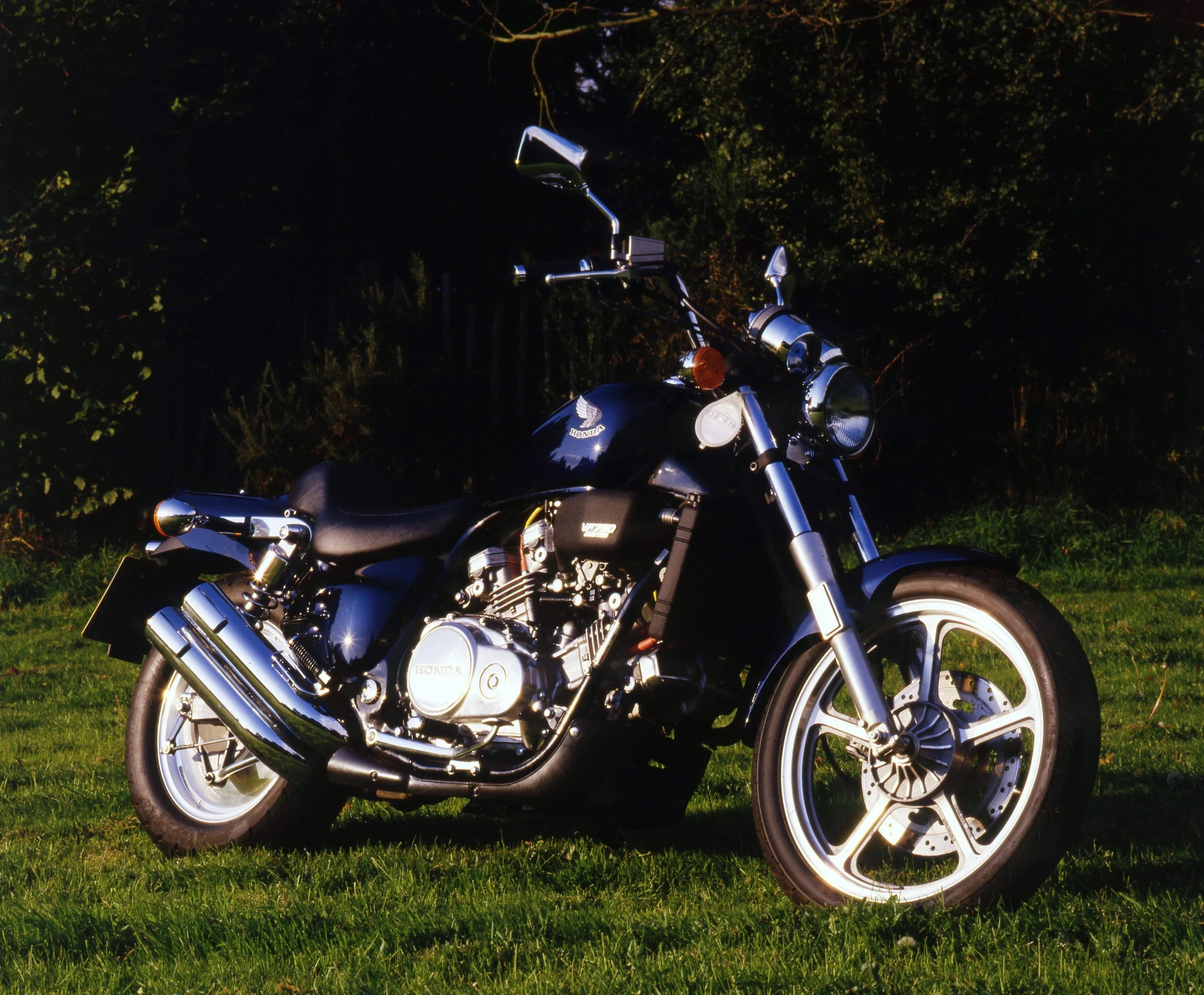 A black motorcycle with chrome accents parked on grass, with trees and bushes in the background at night.