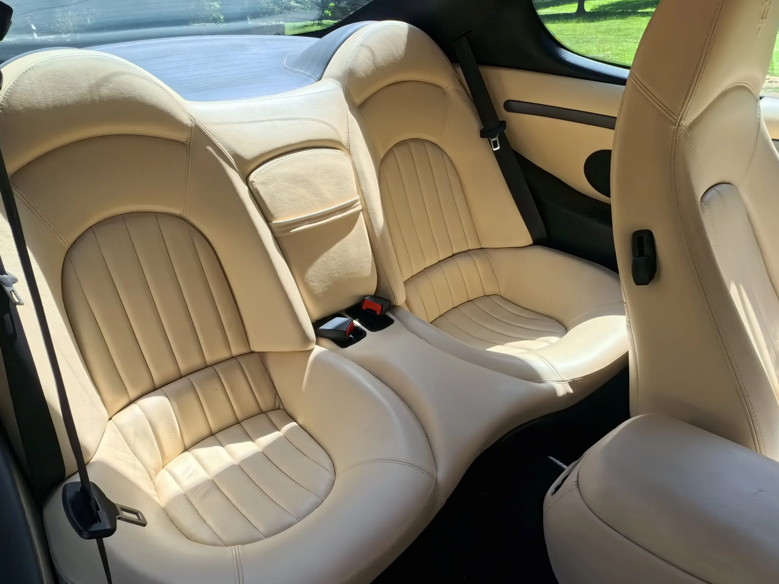 The back seats of a cream-colored leather car interior with headrests and seat belts, photographed from the rear passenger side, with a view of the car's rear window and green outdoor scenery.