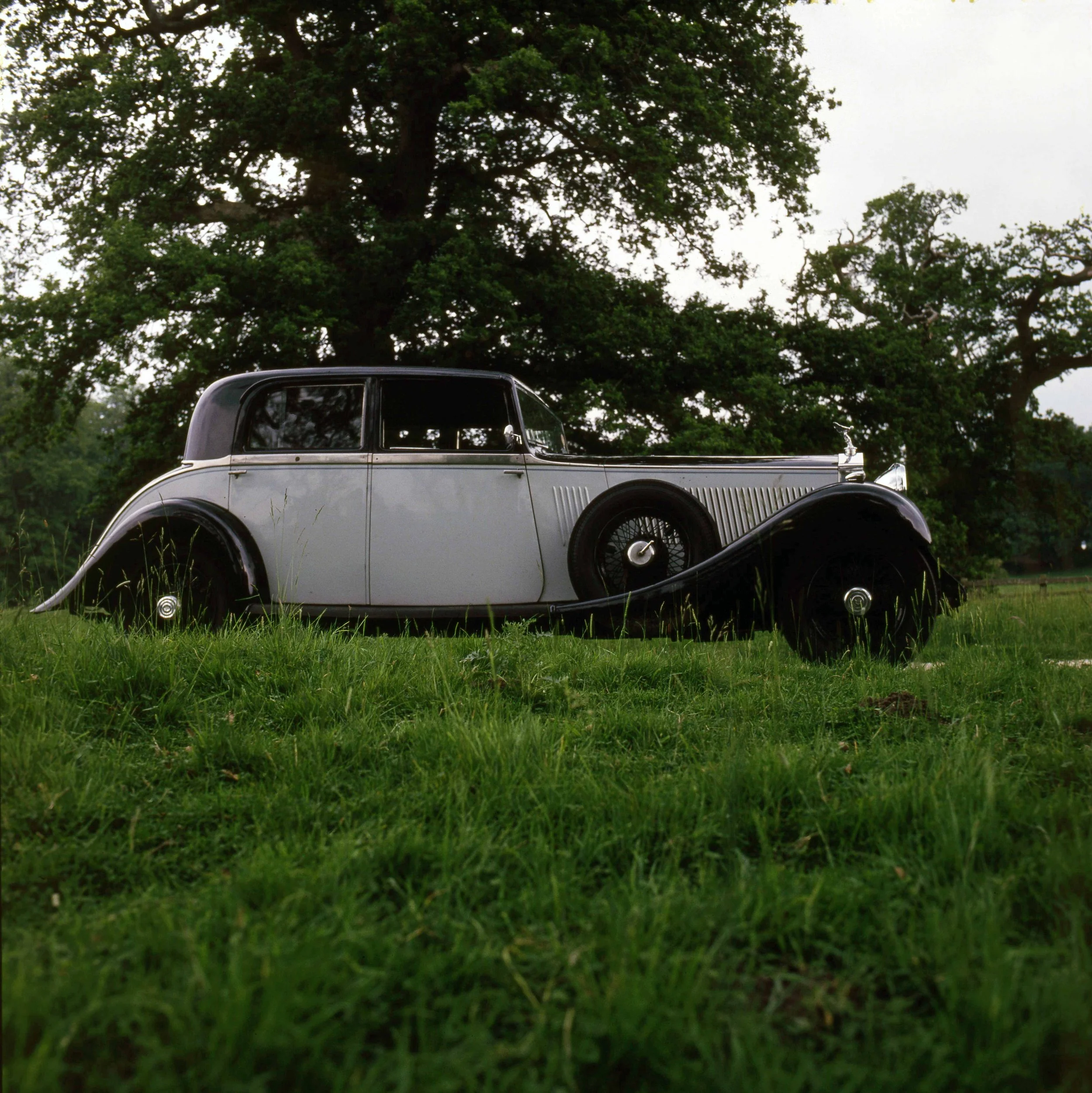 A vintage black and white car parked on a grassy area with large trees in the background and a cloudy sky.