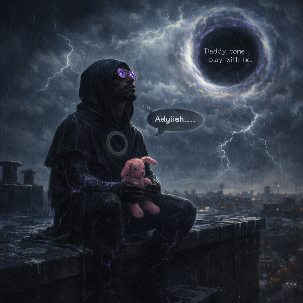 A person wearing a hooded jacket and purple glasses sitting on a rooftop in a stormy cityscape, holding a pink teddy bear, with lightning and dark clouds in the background. The sky features a black hole with the words "Daddy come play with me" written around it, and a speech bubble from the person says "Adyiah...."