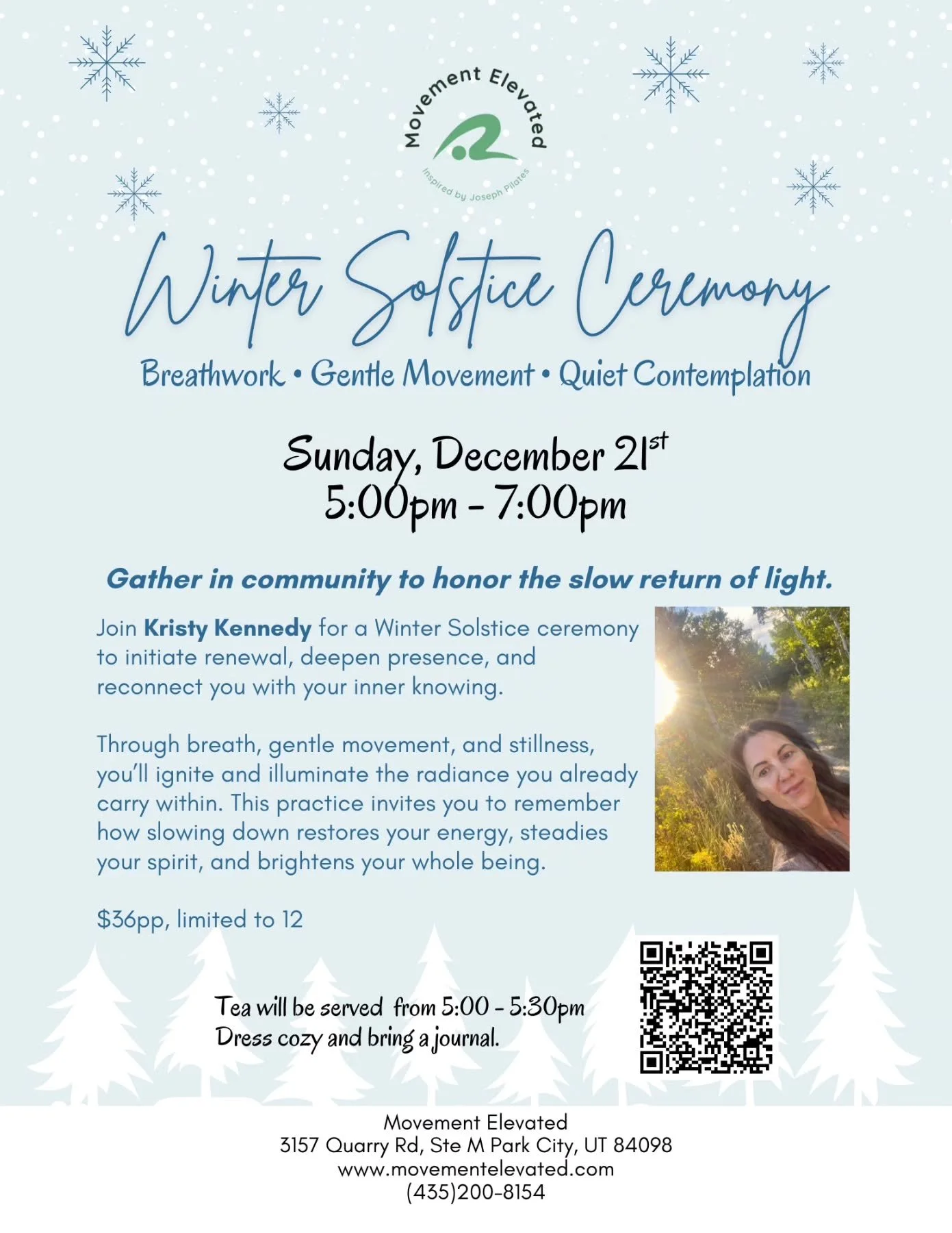 Honor the arrival of new light! Join the ME Community to reax, rejuvenate, and restore

Join @_kristykennedy Sunday, December 21st from 5 - 7pm for a Winter Solstice Ceremony @movementelevatedpc !

This event opens at 5pm with Tea service followed by