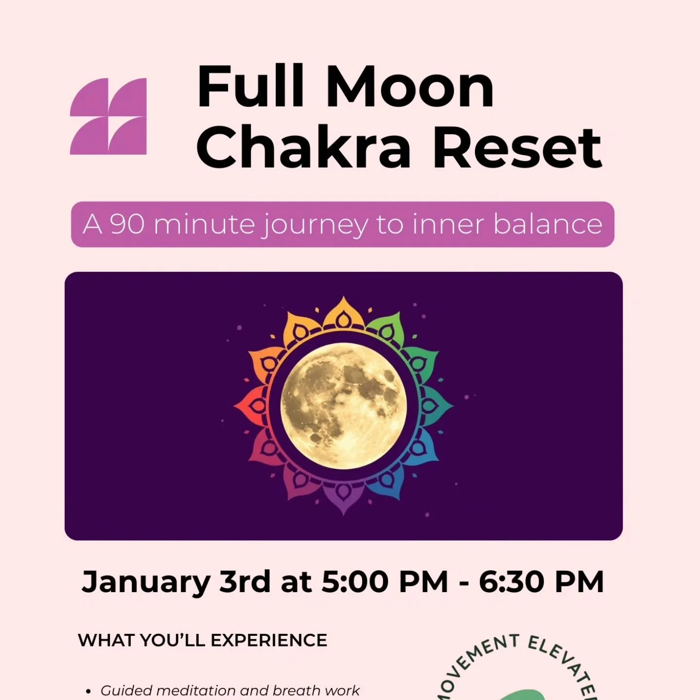 Holidays feeling hectic? Kick off 2026 feeling balanced, clear, and bright with a Full Moon Chakra Reset ✨🌕

January 3, 2026 5pm - 6:30pm 
Movement Elevated 

Join Jennifer Patrishkoff of Healing Harmony Park City for a Full Moon Chakra Reset&mdash;