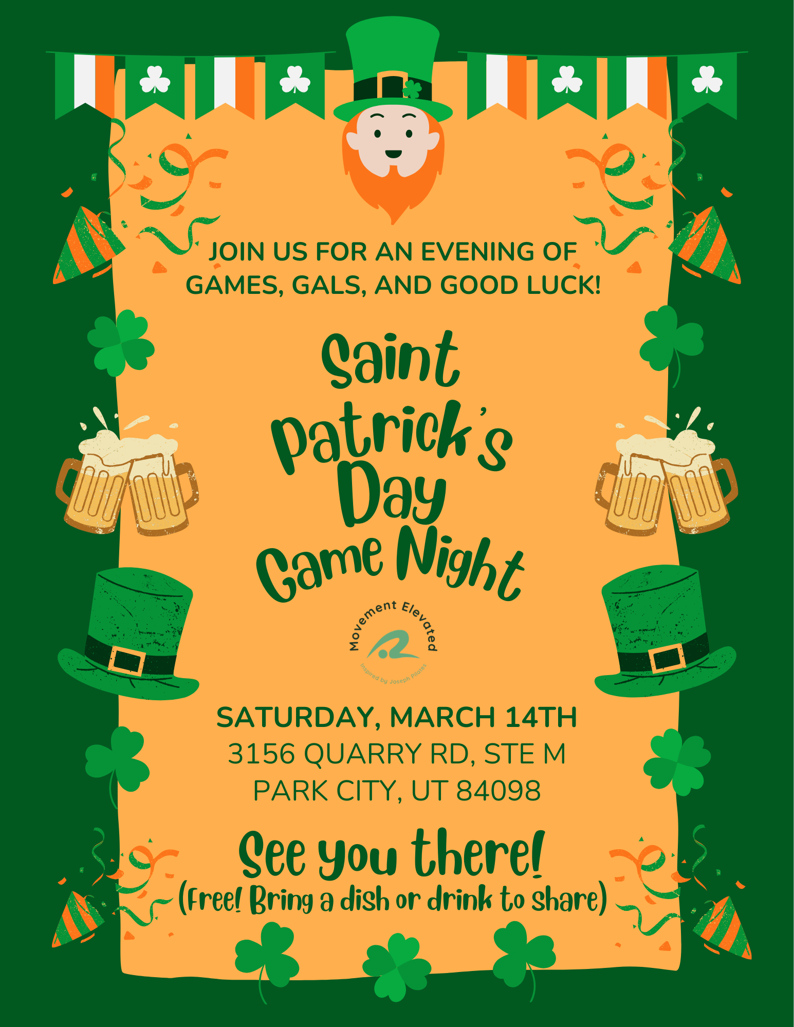 St. Patrick's Day celebration flyer with leprechaun face, shamrocks, beer mugs, and green hats, advertising a game night event.
