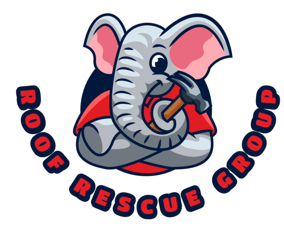 Cartoon elephant wearing a red cape and holding a hammer, with the words "Roof Rescue Up" in red letters around it.