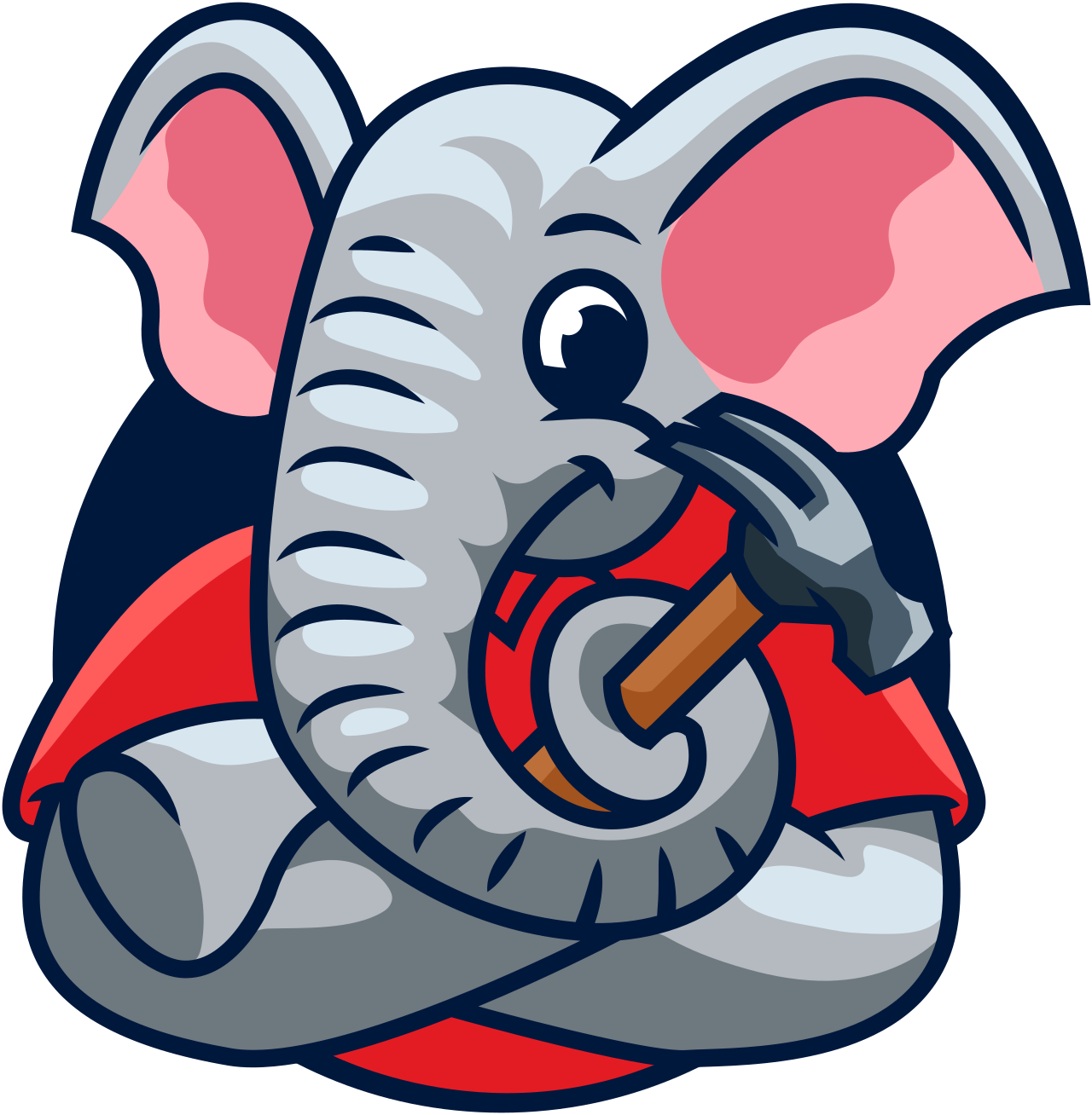 A cartoon elephant dressed as a superhero with a red cape, holding a hammer, and making a phone call.