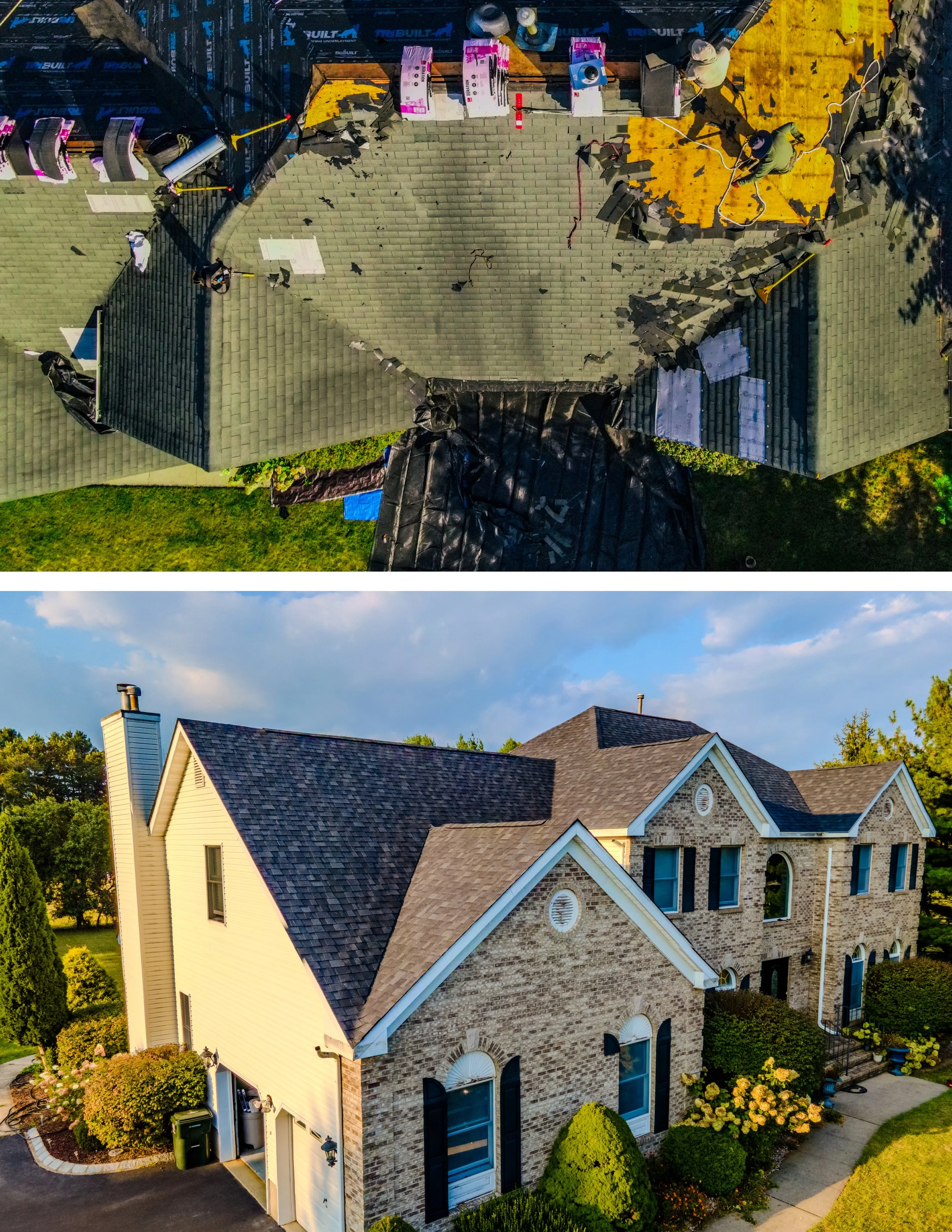 The top image shows a damaged roof with torn shingles and construction equipment on it, indicating roof repair work. The bottom image displays a well-maintained brick house with a new roof, surrounded by a manicured yard with bushes, trees, and a clear sky, suggesting recent renovation or replacement of the roof.