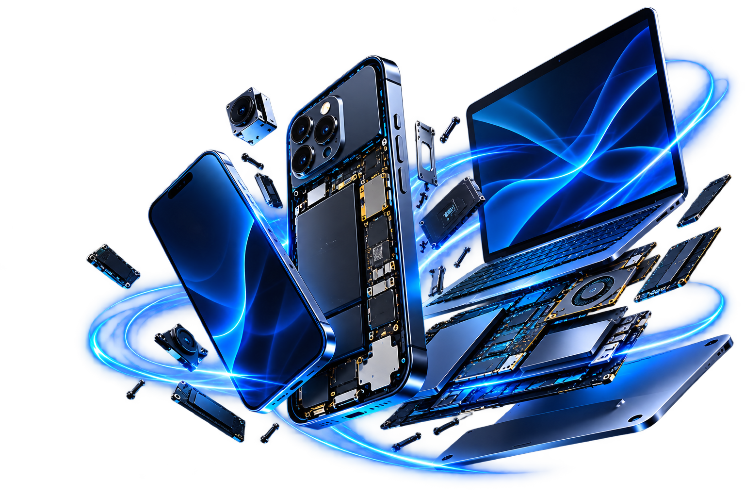 An exploded view of a modern smartphone, laptop, and electronic components with blue light effects, showing inner circuitry and hardware parts.