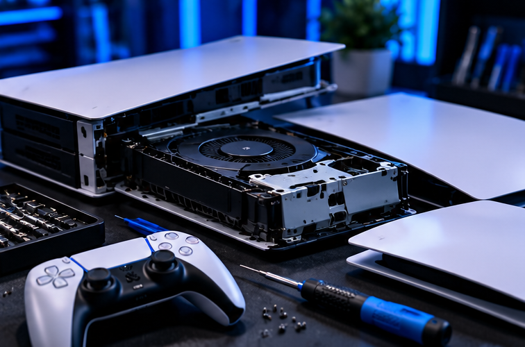 Disassembled gaming console, screwdriver, controller, fans, and tools on a black work surface in a tech workspace.
