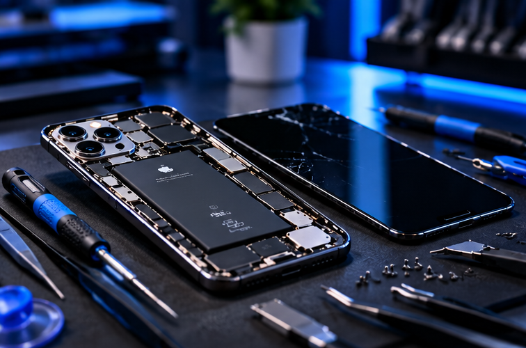 Disassembled iPhone with tools on a workbench, cracked screen, and spare parts.