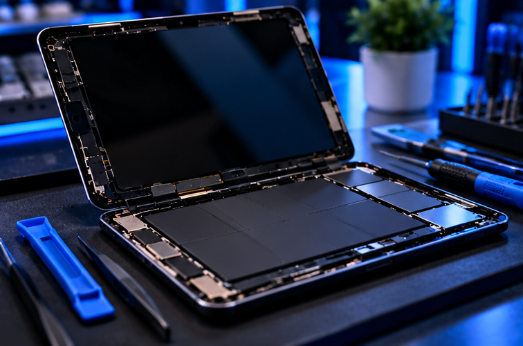 Open laptop with screen and keyboard removed, revealing internal components, on a workbench with tools and a plant in background.