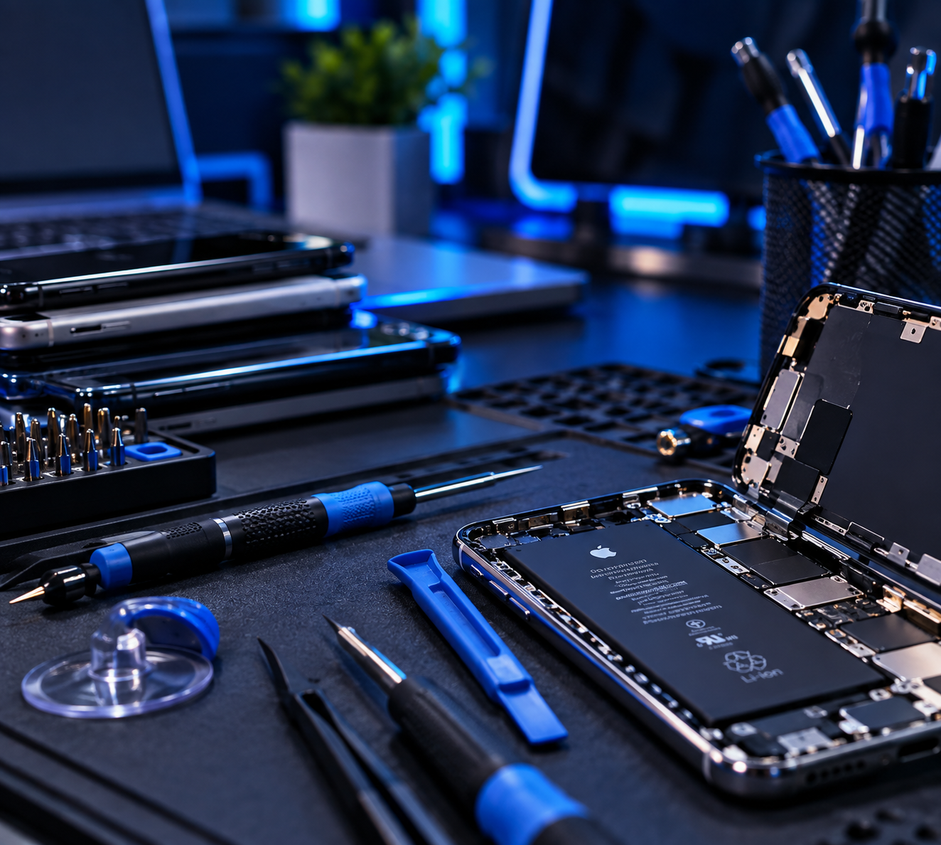 Disassembled iPhone with tools on repair workspace, including screwdrivers, suction cup, and pry tools, with other smartphones and computer monitors in the background.