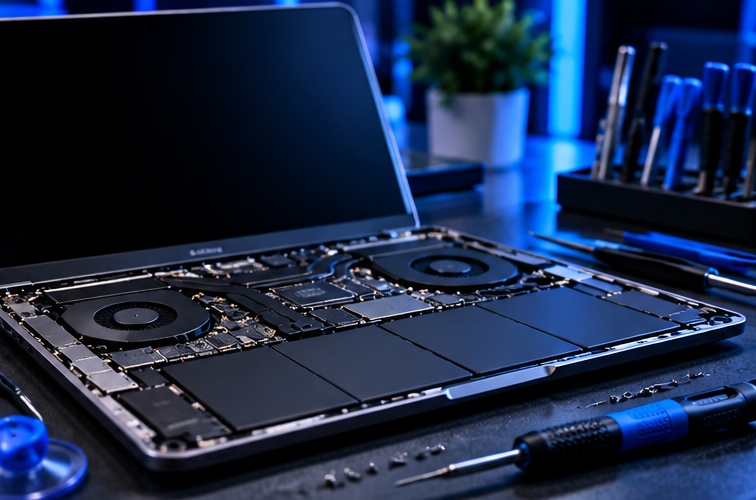Open laptop with its internal components exposed on a workbench, surrounded by small tools and screwdriver, with a pen holder and a potted plant in the background.