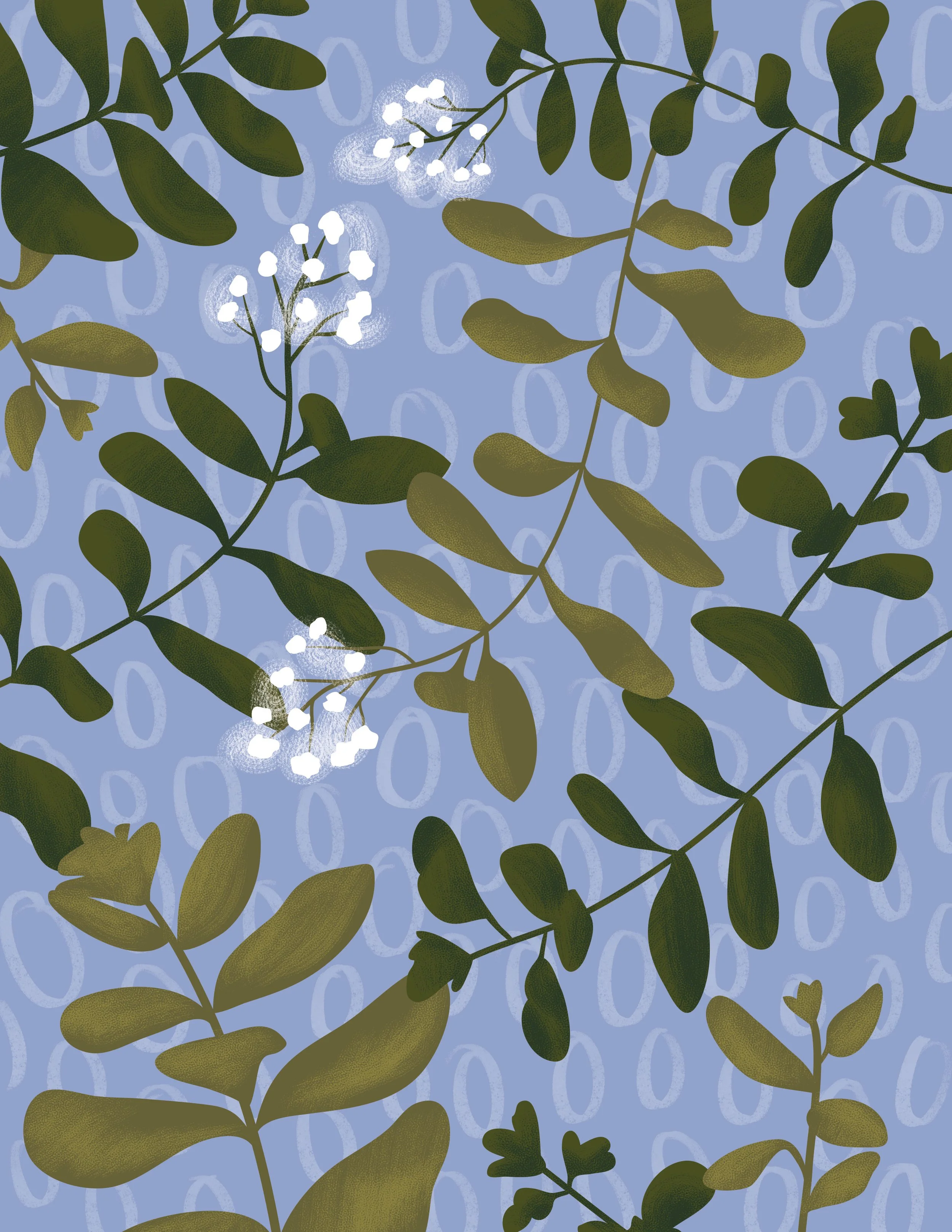 Illustration of green leafy branches and small white flowers on a blue background with looping shapes.