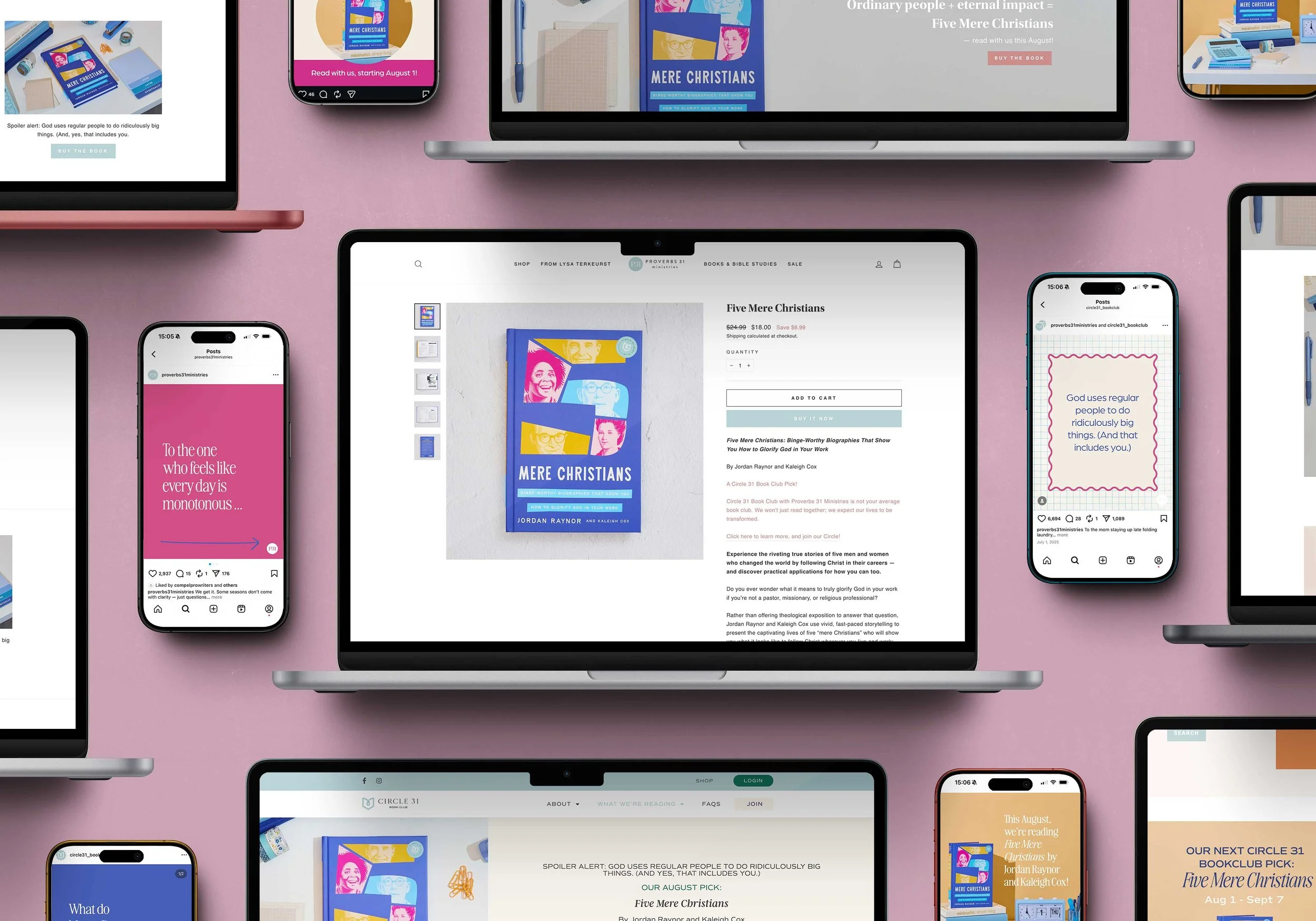 Multiple electronic devices, including laptops and smartphones, display various webpages and social media posts related to a book titled "Five Mere Christians." The background is a pink surface.
