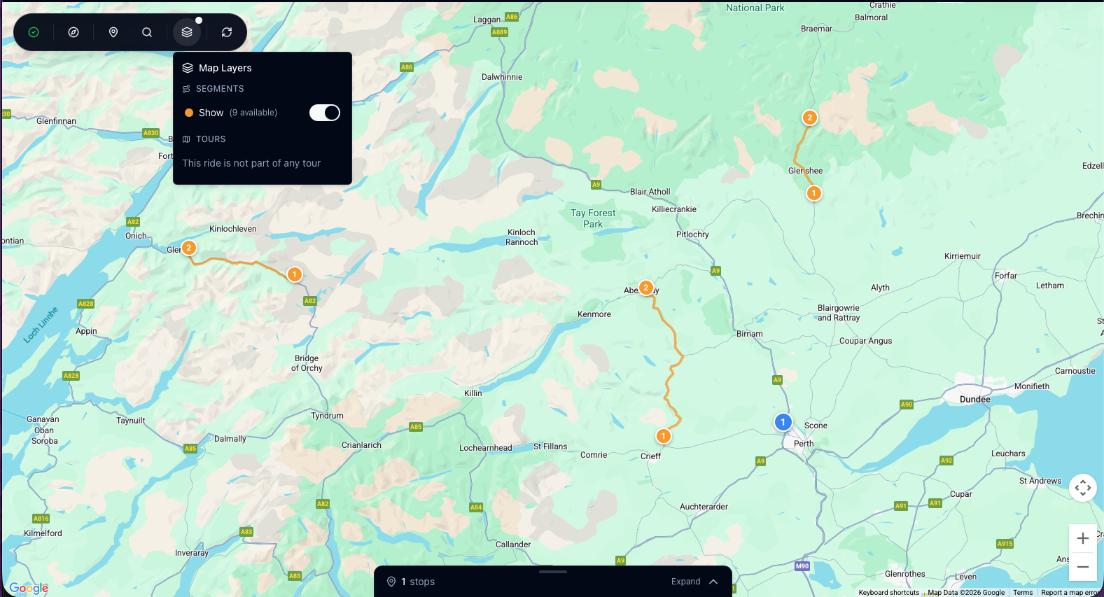 RidePlan Google Map with orange sections of road highlighted called segments