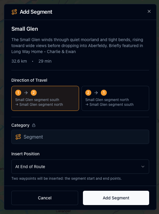 User-interface showing expanded segment information and options concluding with 'Add segment' to ride