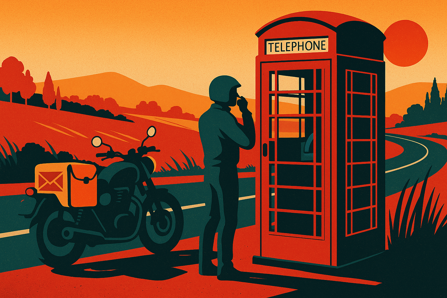 A stylized scene of a man in a motorcycle helmet standing beside a red telephone booth on a rural road with a motorcycle parked nearby, hills, trees, and a setting sun in the background. Email RidePlan for RidePlan App questions.