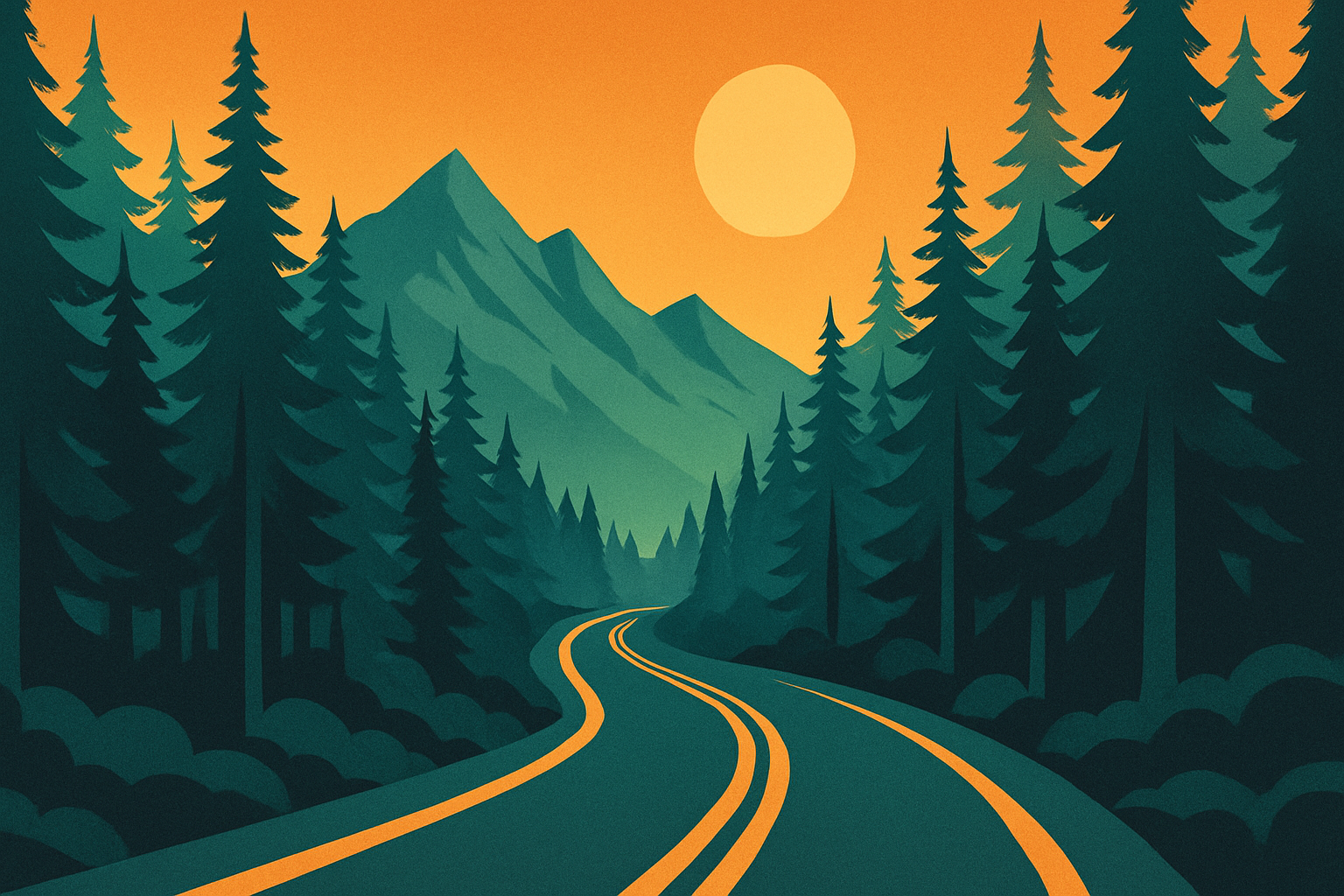 Digital illustration of a winding mountain road through a dense pine forest with distant mountains and a setting sun in the sky. RidePlan adventures await.