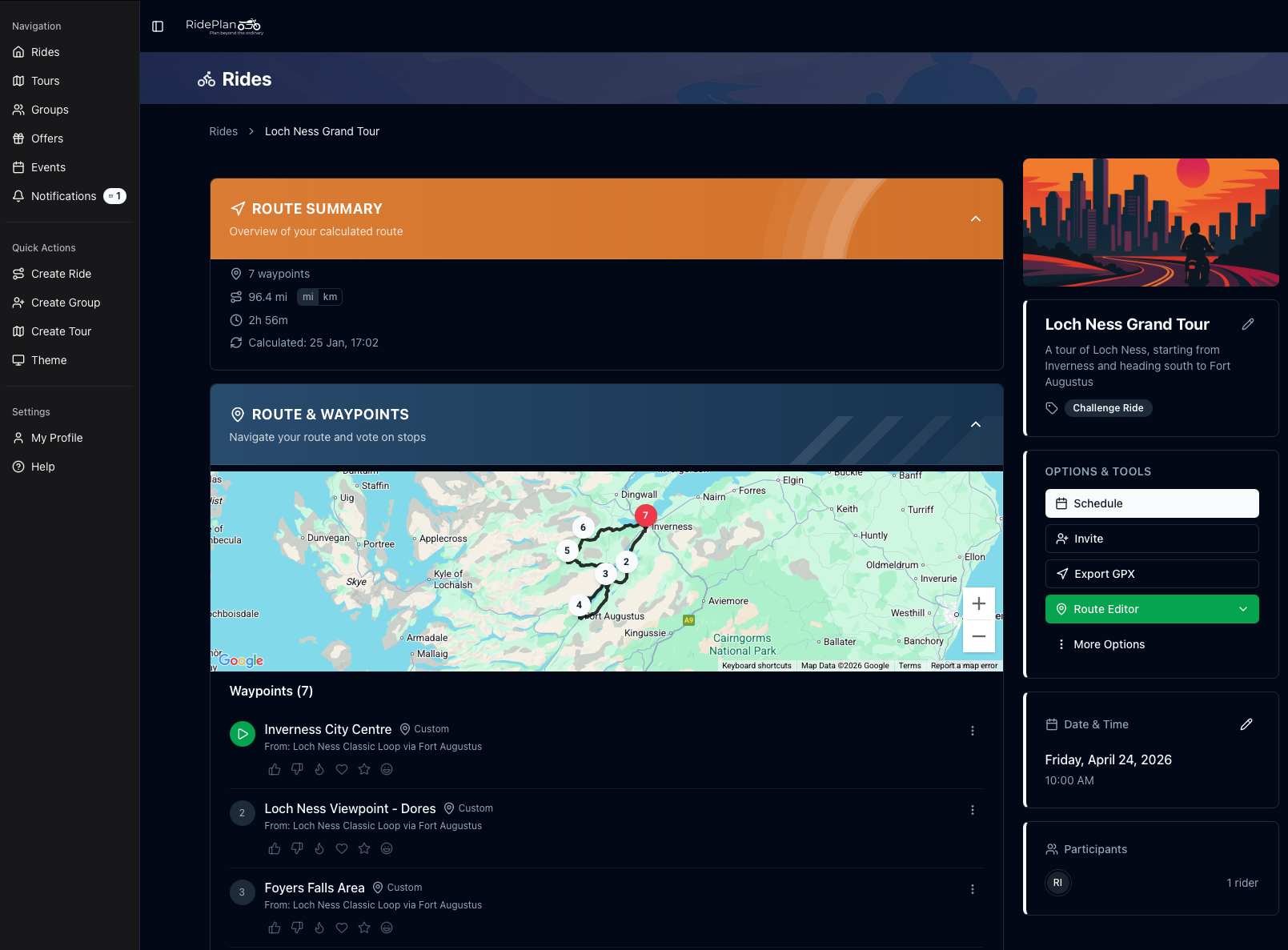 RidePlan app example of ride featuring the map overview and route summary
