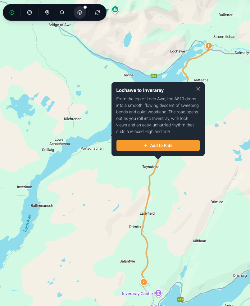 Google Map with highlighted orange road section and balloon with text - describing the jounrey
