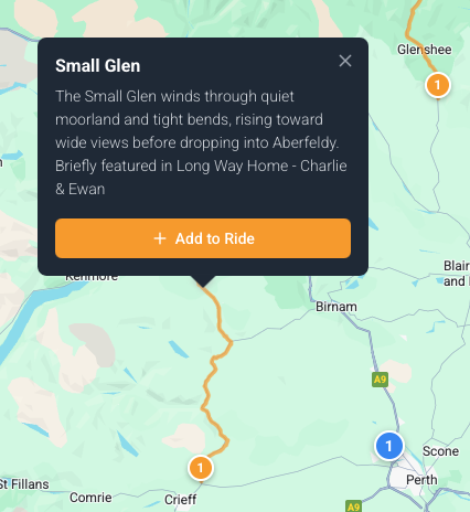 User-interface showing title and description of segment with option to 'add to ride'