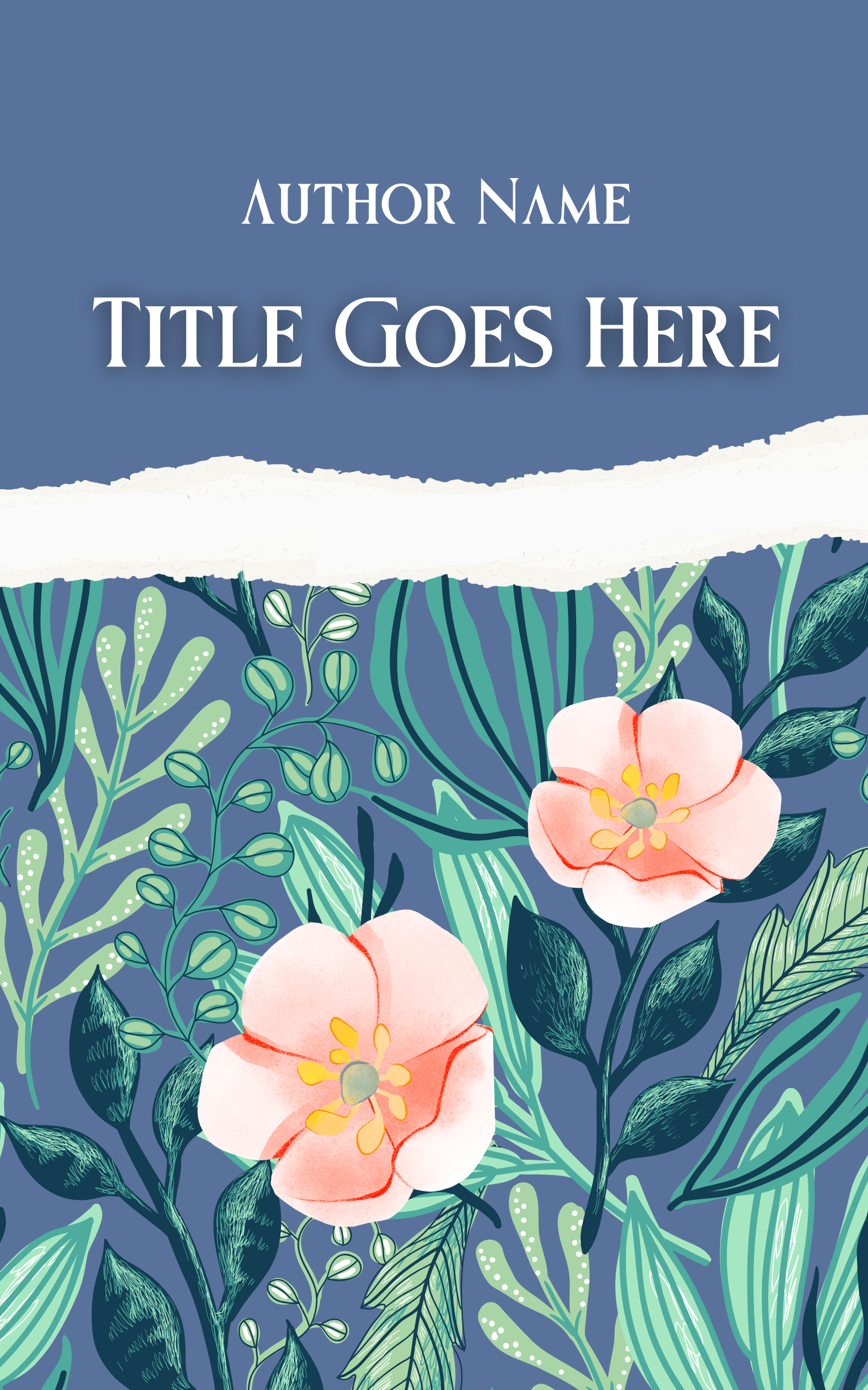 Book cover with a dark blue background, displaying space for author name, book title, and featuring a floral illustration with pink and white flowers and green leaves. A book that is part of the stuff your kindle day event.
