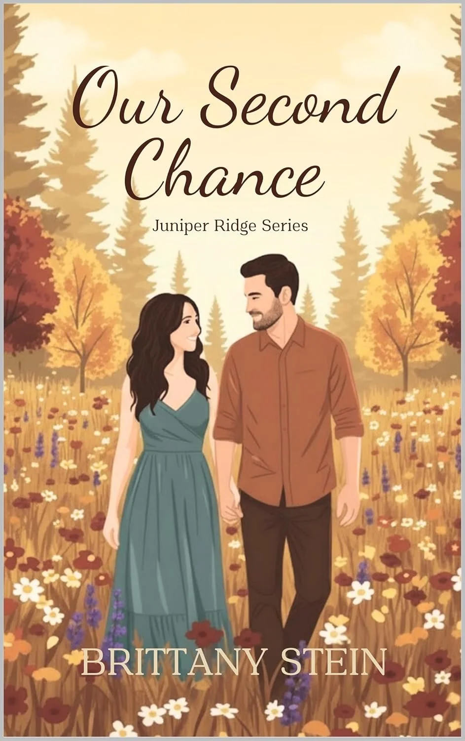 Book cover titled 'Our Second Chance' by Brittany Stein. Illustration of a man and woman holding hands and walking through a field of colorful wildflowers with autumn trees and a warm sky in the background.
