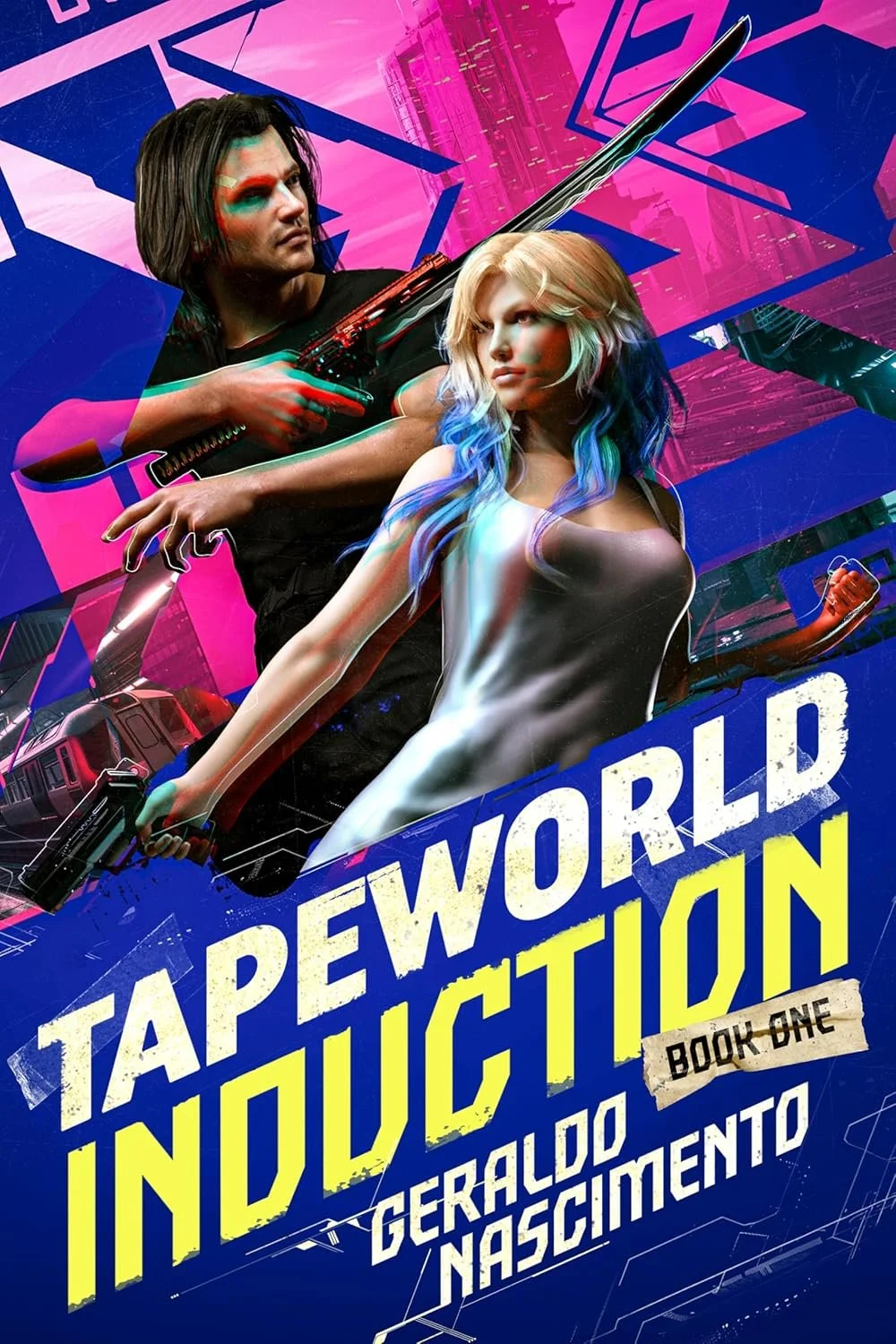 Futuristic cityscape background with two characters, a man with long hair and a woman with colorful hair, holding weapons. The title reads "Tapestry of Induction Book One" by Geraldo Nascimento.