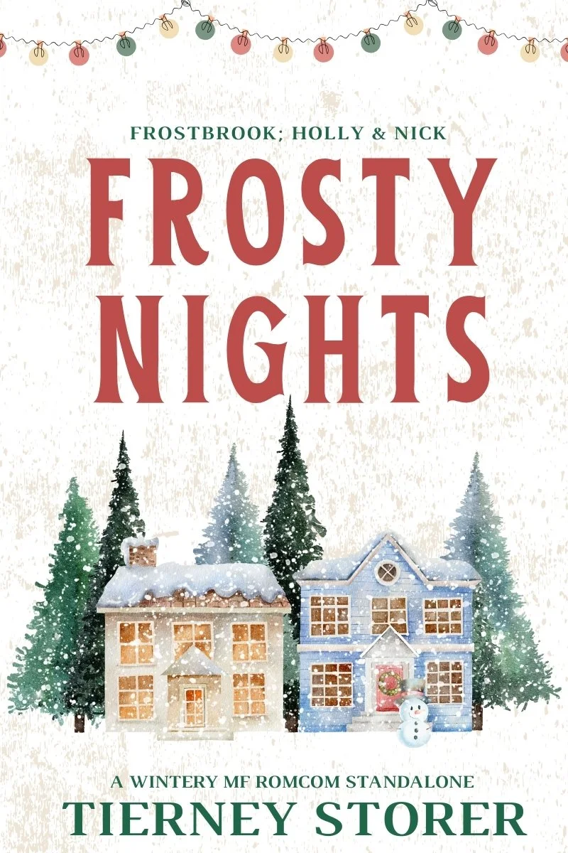 Book cover titled "Frosty Nights" by Tierney Storer, featuring a winter scene with snow-covered houses, evergreen trees, and a snowman, and festive string lights at the top. A book that is part of the stuff your kindle day event.