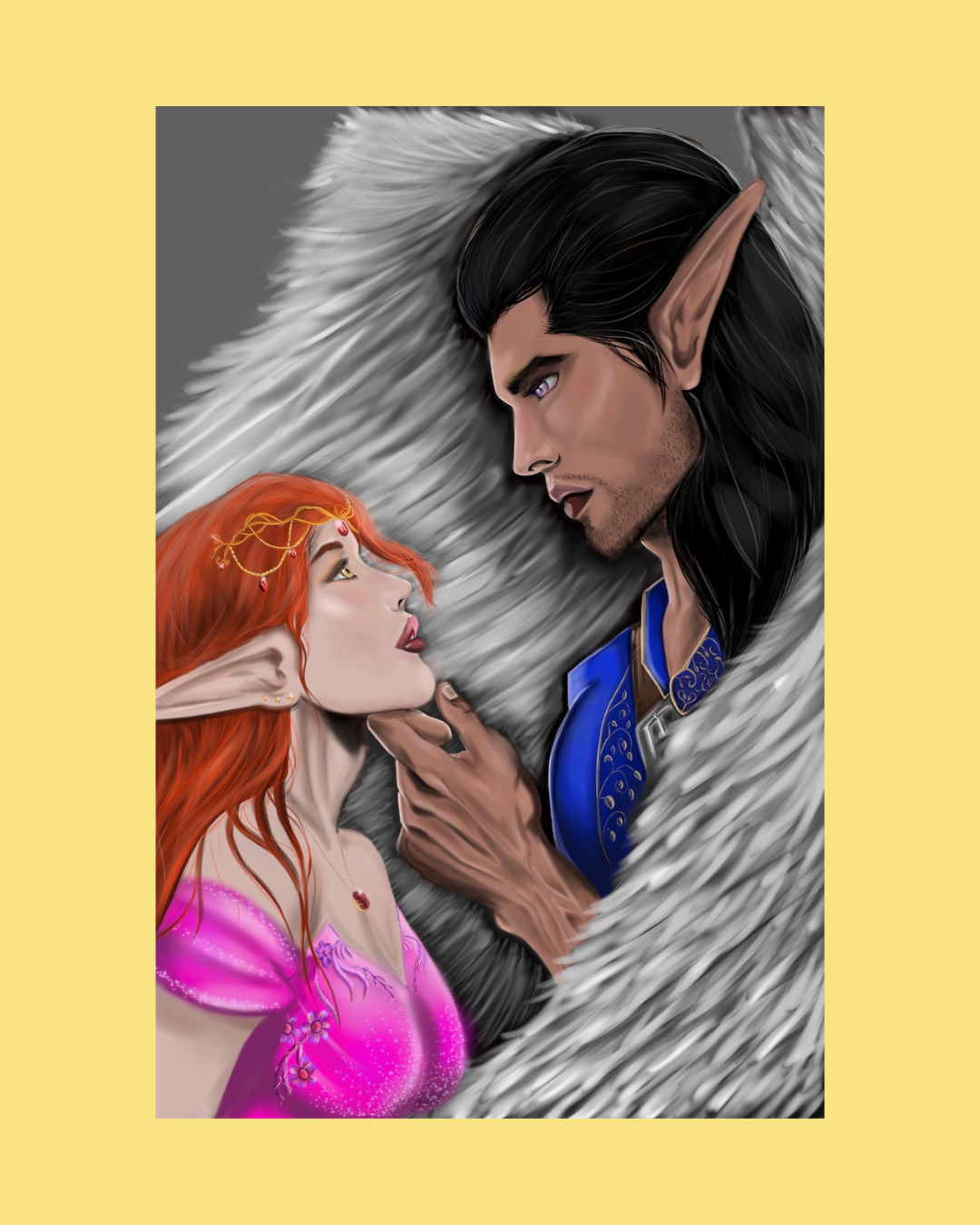 An elf man with long black hair, purple eyes, and pointy ears gently holds a red-haired female elf with gold jewelry and a pink dress, gazing into each other's eyes. designed by art by artorias