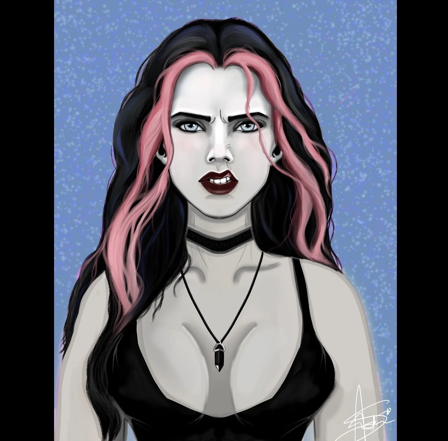 Digital illustration of a woman with black and pink wavy hair, intense blue eyes, and dark makeup, wearing a black top and jewelry, set against a blue background with white specks. It is digital artwork by Art_By_Artorias for an indie author book.