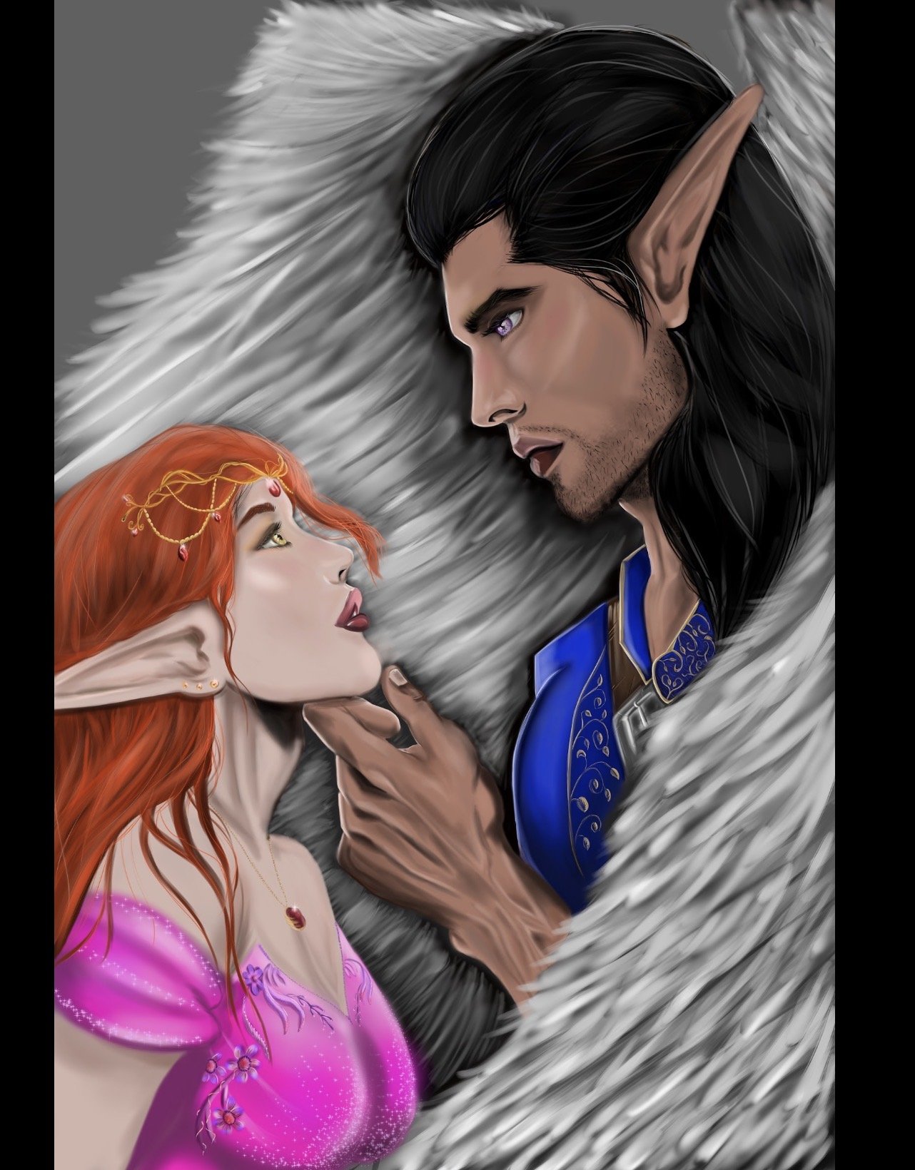 Digital fantasy artwork depicting a male elf and a female fairy gazing into each other's eyes, with the elf holding the fairy's chin gently. The elf has long black hair, pointed ears, and wears a blue outfit, while the fairy has long red hair, pointed ears, and a pink dress with glowing sparkles.