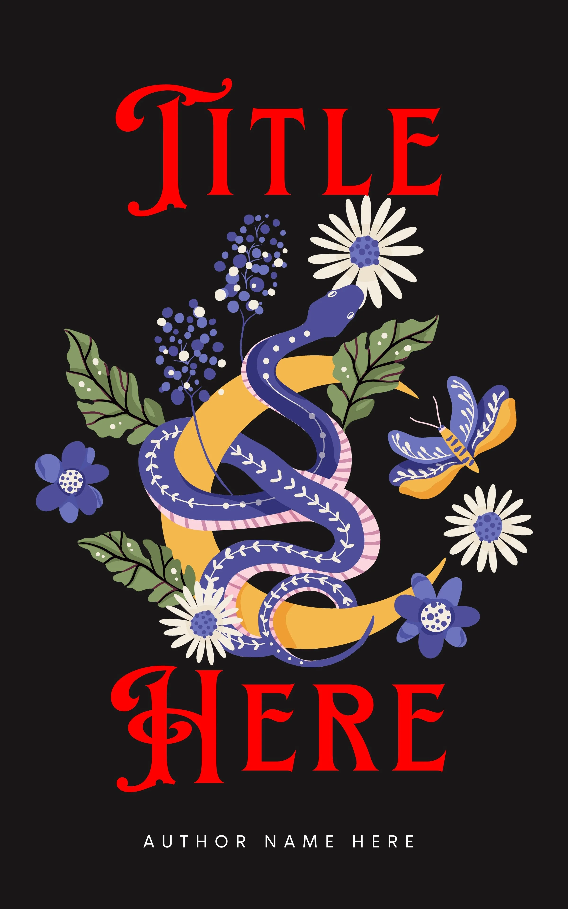 A book cover with the title 'Title Here' in large red letters on a black background. The cover features an illustrated snake wrapped around yellow and purple flowers, leaves, a bee, and daisies. A book that is part of the stuff your kindle day event.