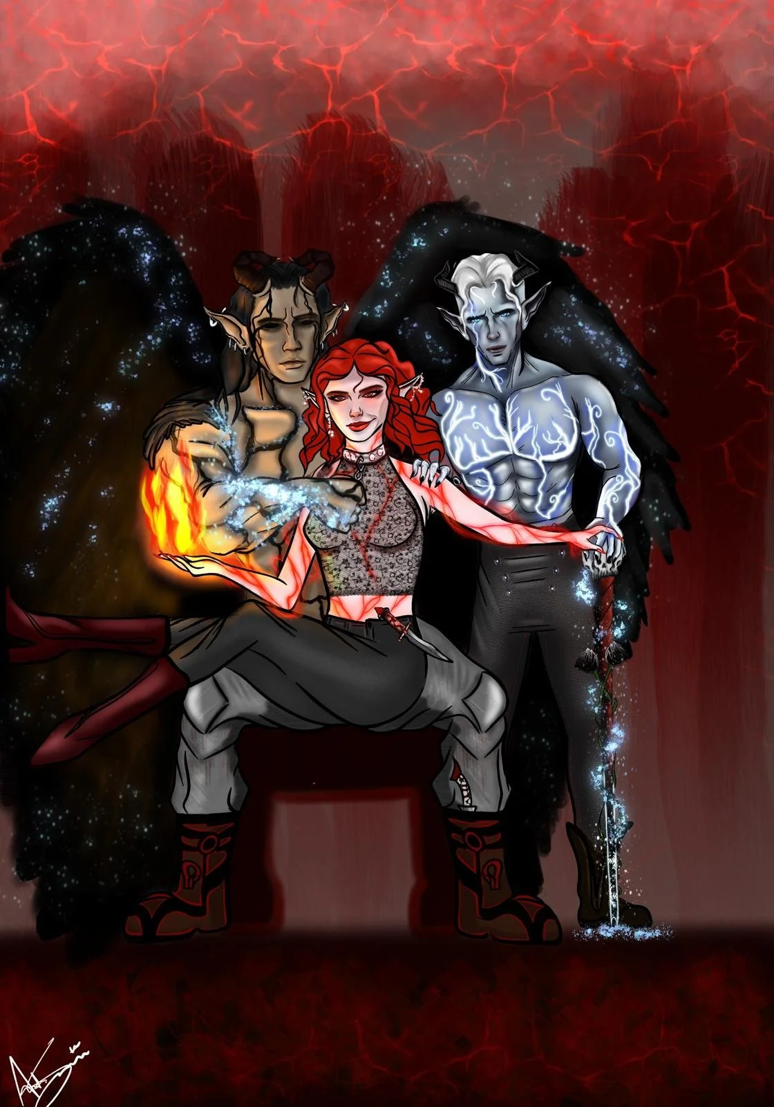 Three fantasy characters with dark wings and glowing powers, set against a backdrop of red lightning and mountains. It is digital artwork by Art_By_Artorias for an indie author book.