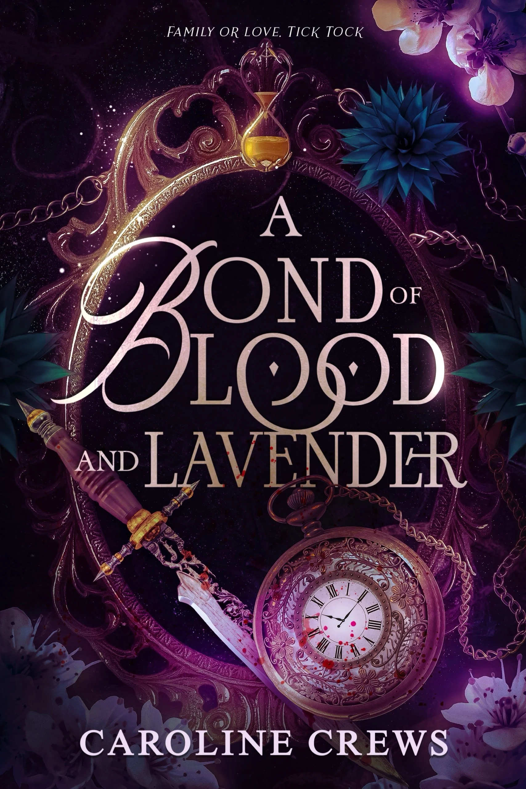Book cover for 'A Bond of Blood and Lavender' by Caroline Crews, featuring a decorative mirror, a pocket watch, a dagger, and flowers with a dark purple background.