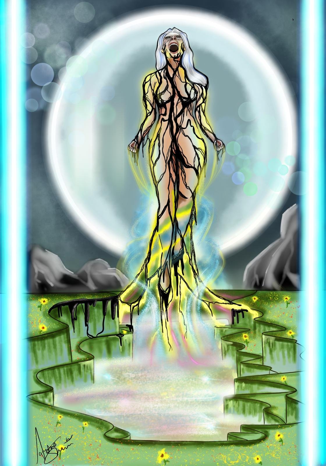 A digital artwork of a woman with long, flowing white hair, standing amidst glowing, multicolored roots and branches. She appears to be joyful, with her head tilted back and her mouth open. The scene is set against a dark sky with a large bright moon and distant mountains, with blue neon light borders framing the image.
