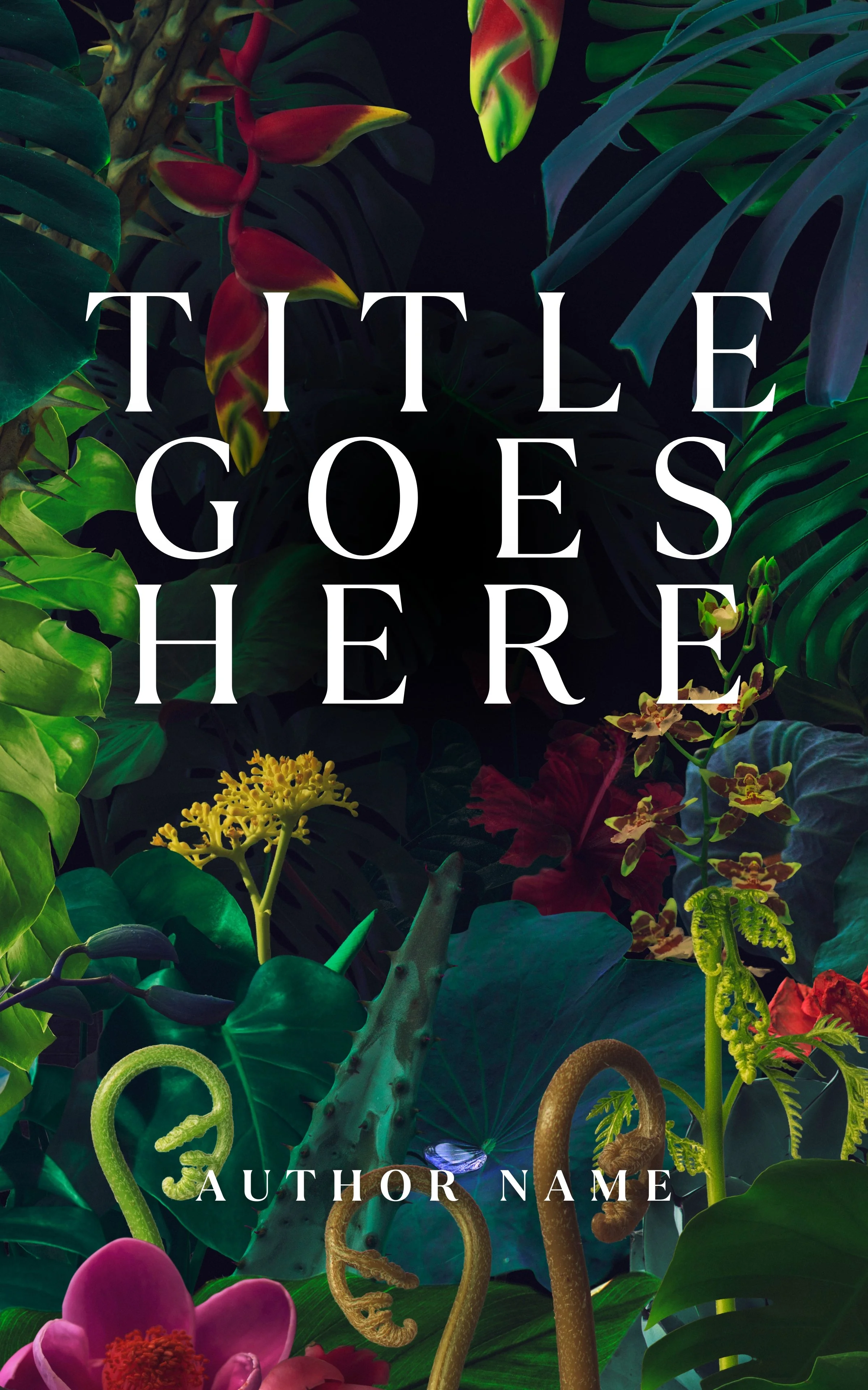 A lush jungle scene with various green leaves, colorful flowers, and twisting vines, serving as a vibrant background for a book cover with placeholder text. A book that is part of the stuff your kindle day event.