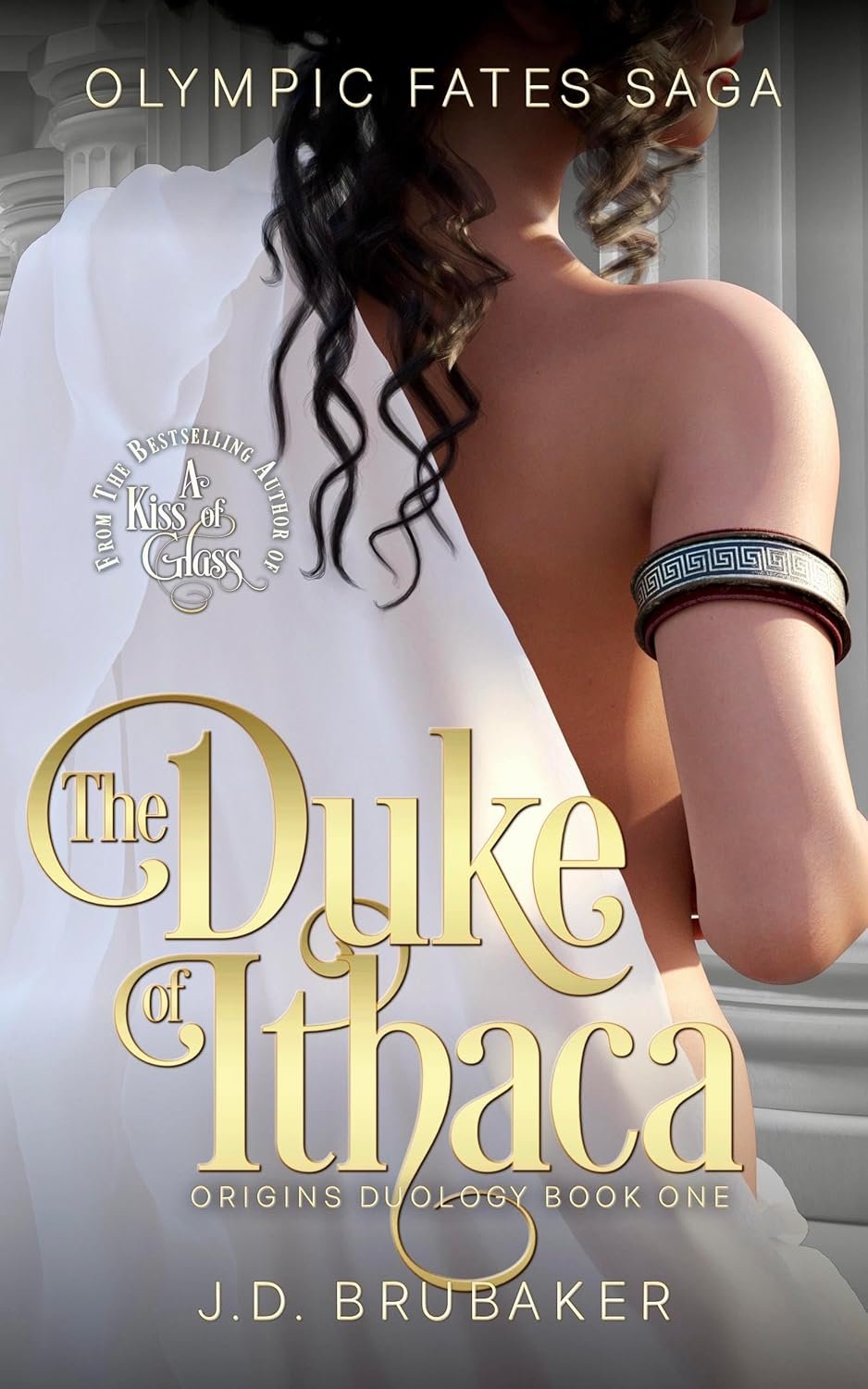 Book cover for 'The Duke of Ithaca' by J.D. Brubaker featuring a partly dressed woman with long dark curly hair and Greek-style jewelry, set against a classical columned backdrop.