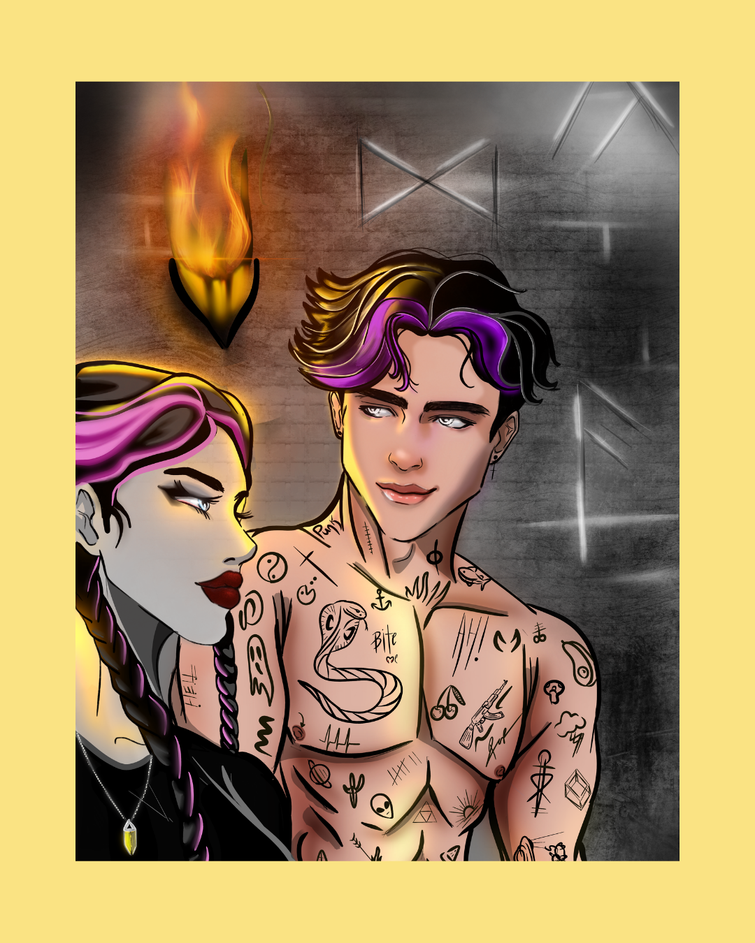 Digital illustration of a man and woman in a dark, graffiti-style background. The woman has purple hair with black tips, a braid, and tattoos on her face. The man has dark and purple hair, tattoos on his chest and arms, and is shirtless. There is a burning torch mounted on the wall behind them.