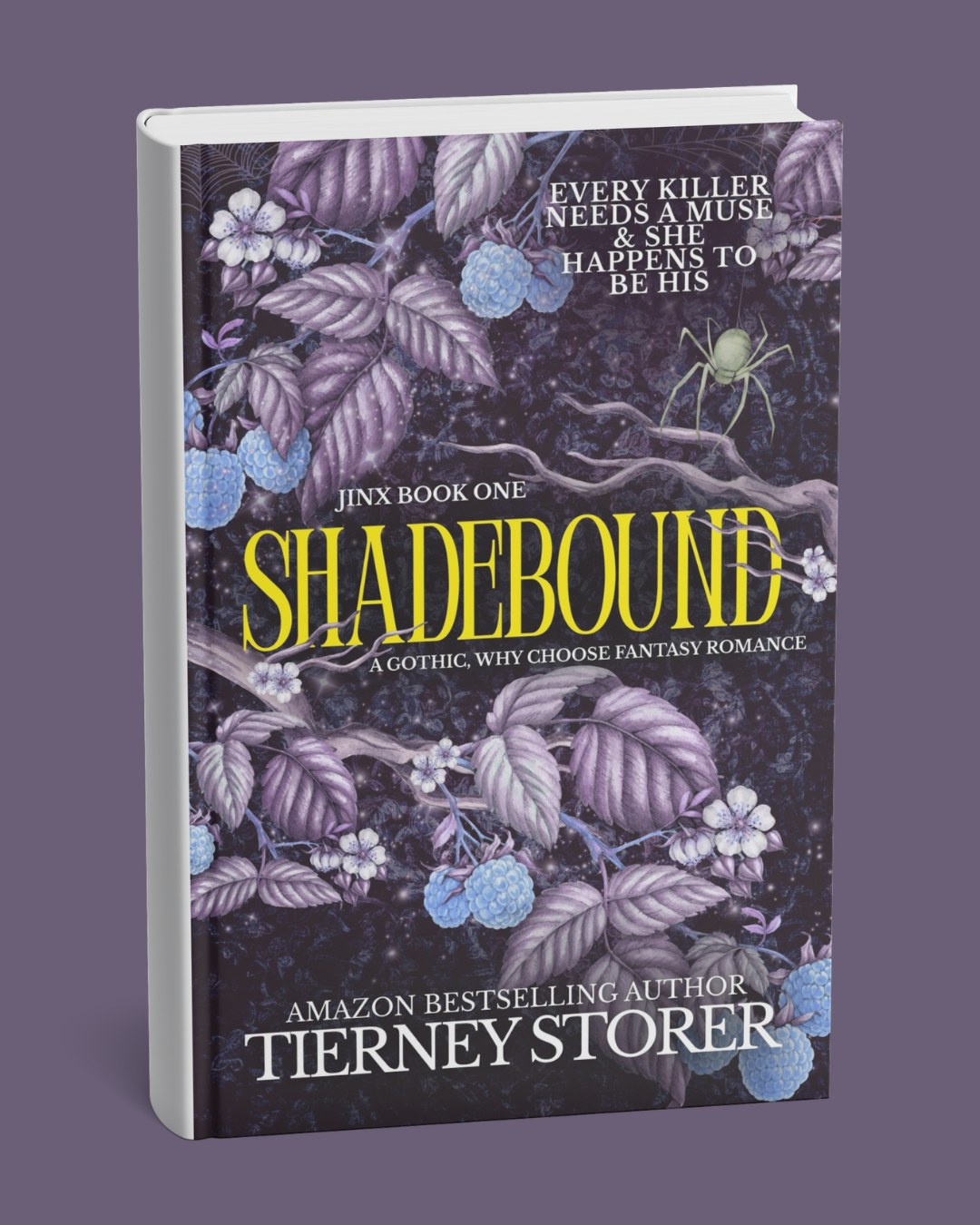 A book cover for 'Shadowbound' by Tierney Storer, featuring purple leaves, white flowers, blue berries, and a small green spider on a dark, starry background. designed by art by artorias