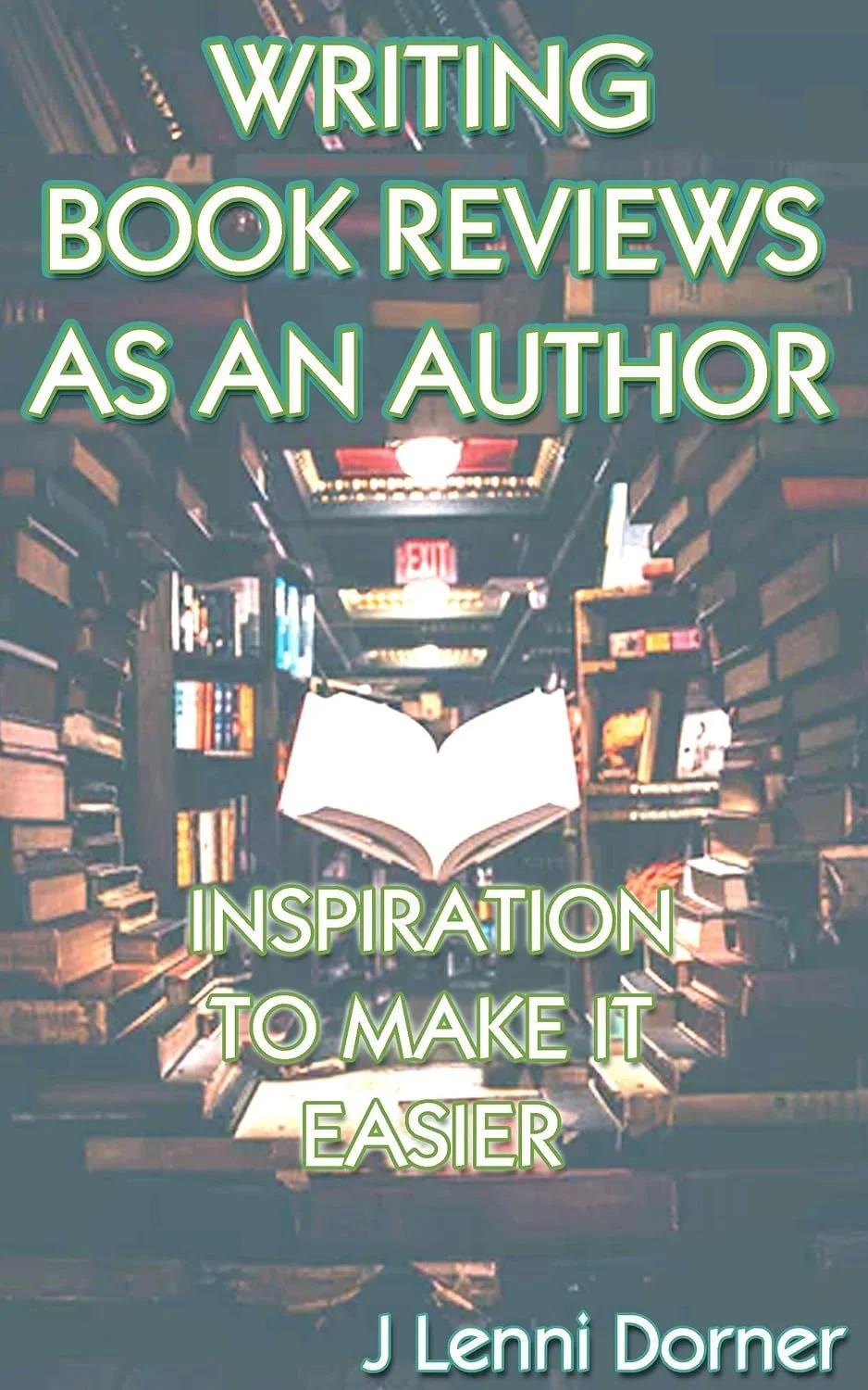 A bookstore aisle with shelves full of books and an open book floating in the center, overlaid with green text about writing book reviews as an author for inspiration.