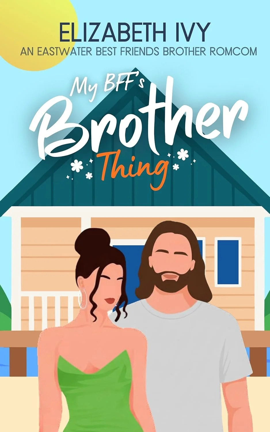 Book cover with a drawing of a woman in a green dress and a man with long hair and a beard standing in front of a house near water.